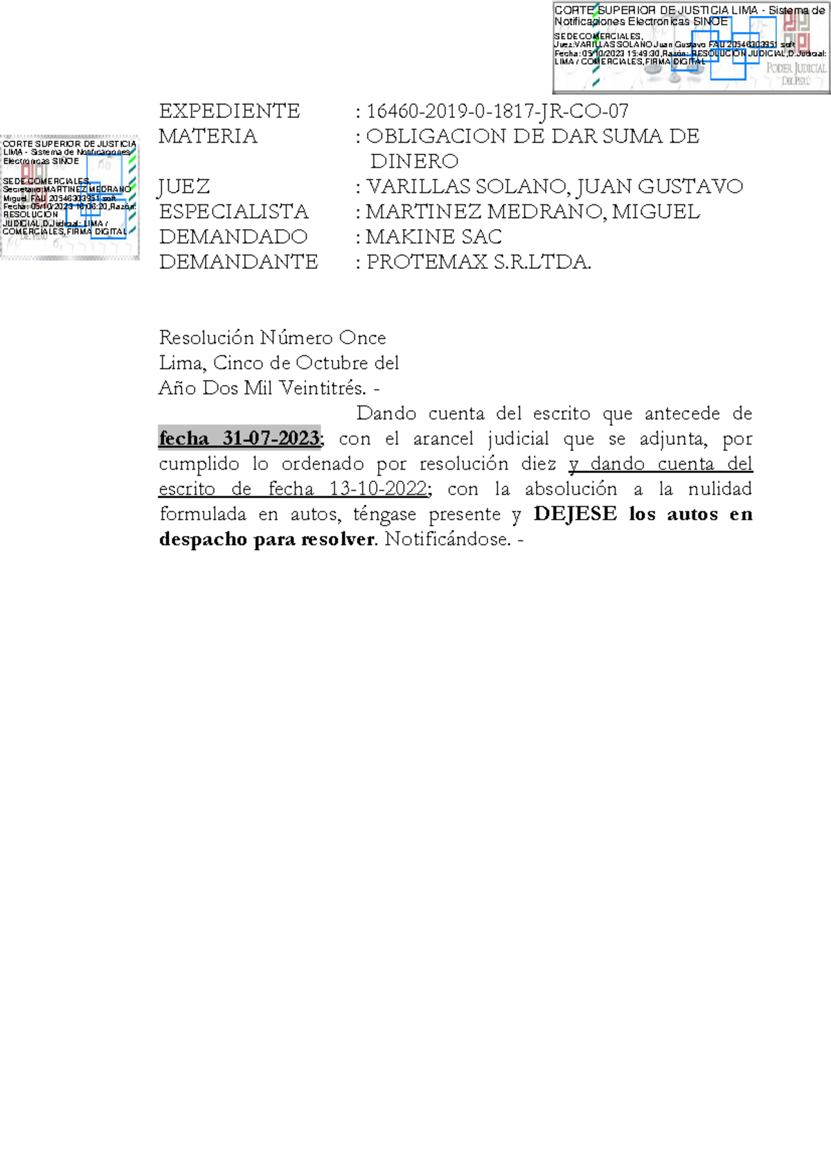 Resolución Judicial 16460-2019 sobre Obligación de Pago de Dinero - Studocu