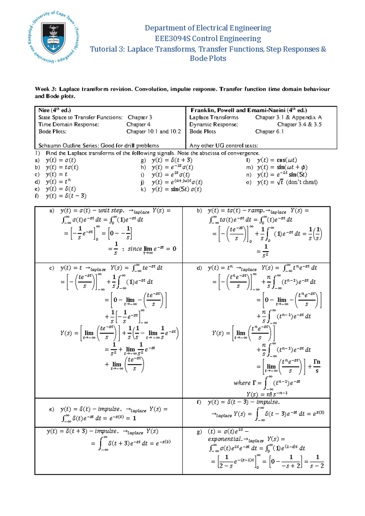 EEE3094 Tutorial 3 Laplace Transfer functions Bode plots Step response ...
