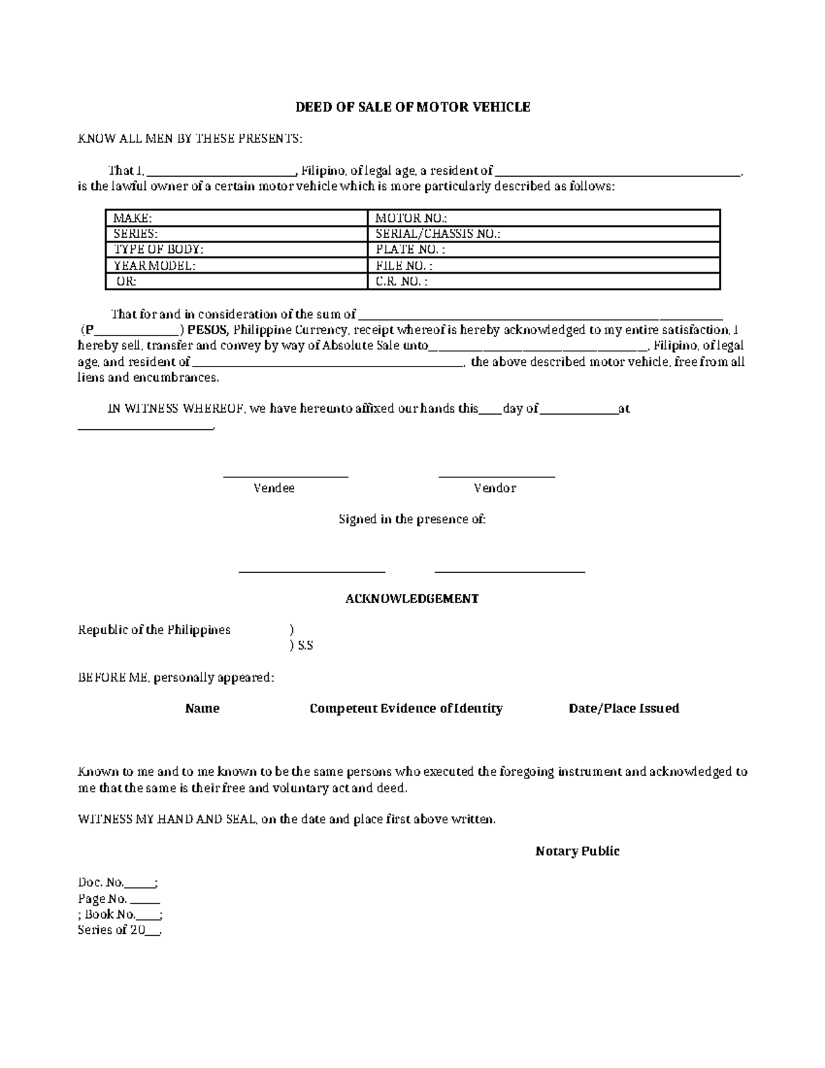 DEED OF SALE OF MOTOR VEHICLE - LEGAL DOCUMENT TEMPLATE - Studocu