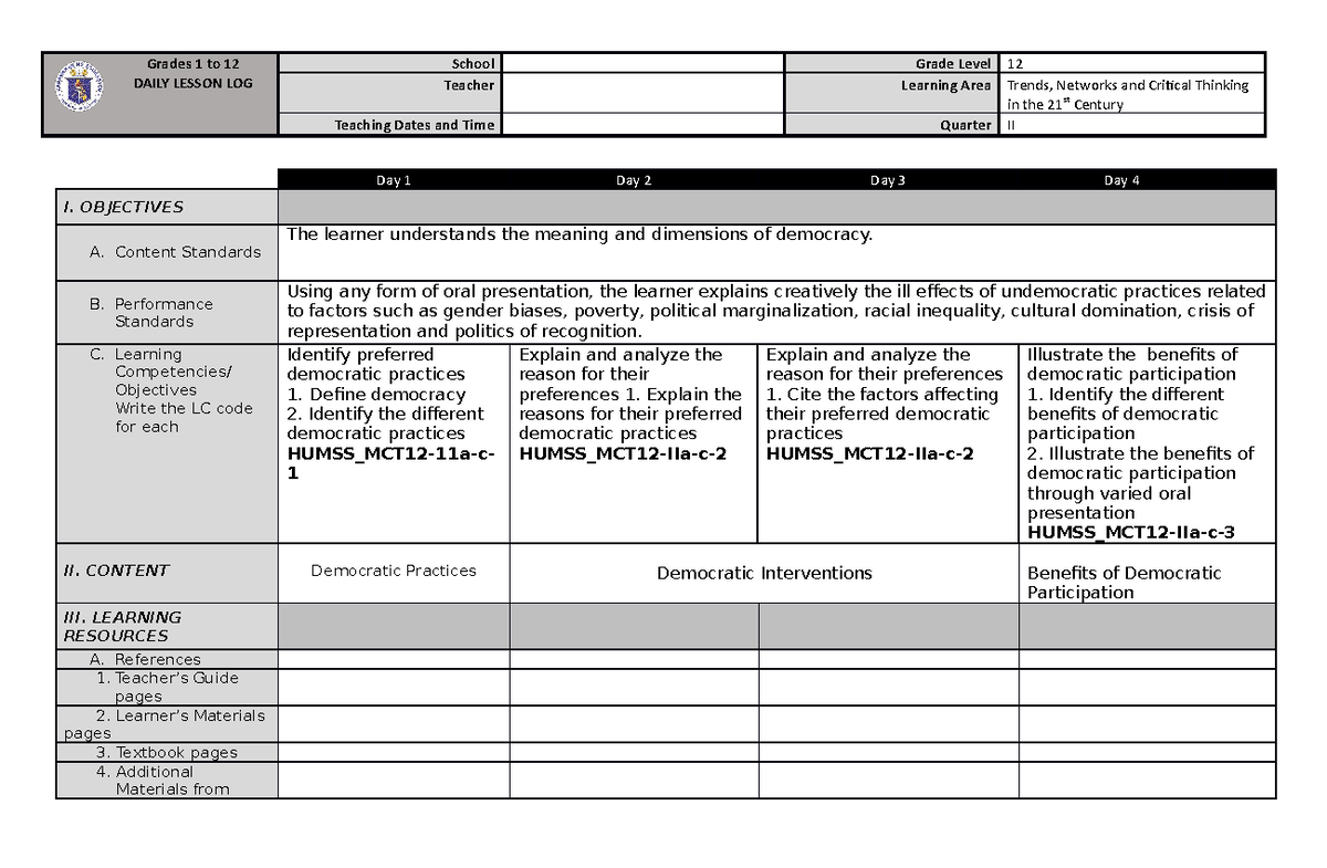 DLL Week 1 Democracy Revised - Grades 1 to 12 DAILY LESSON LOG School ...