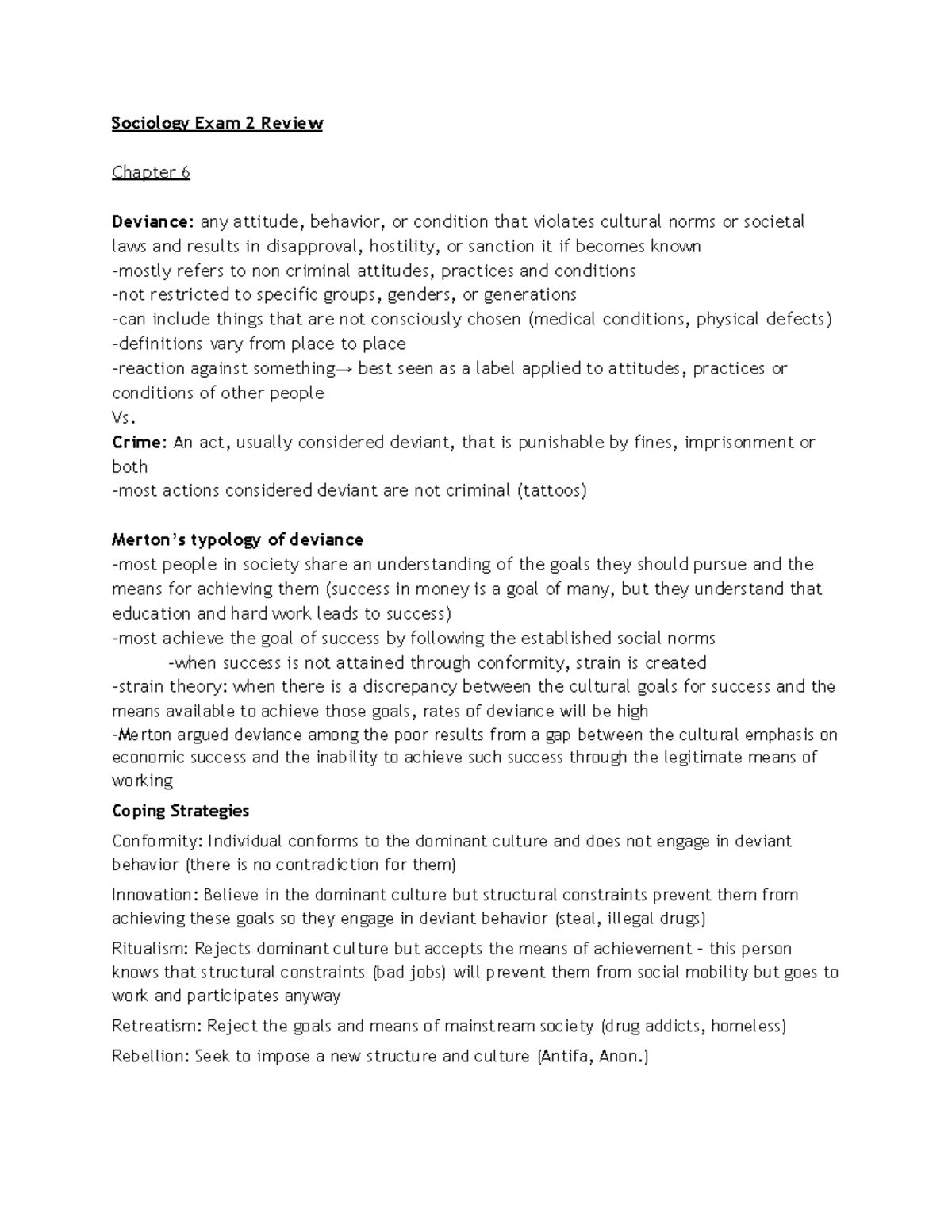 Sociology 101: Exam 2 Review on Deviance and Social Inequality - Studocu