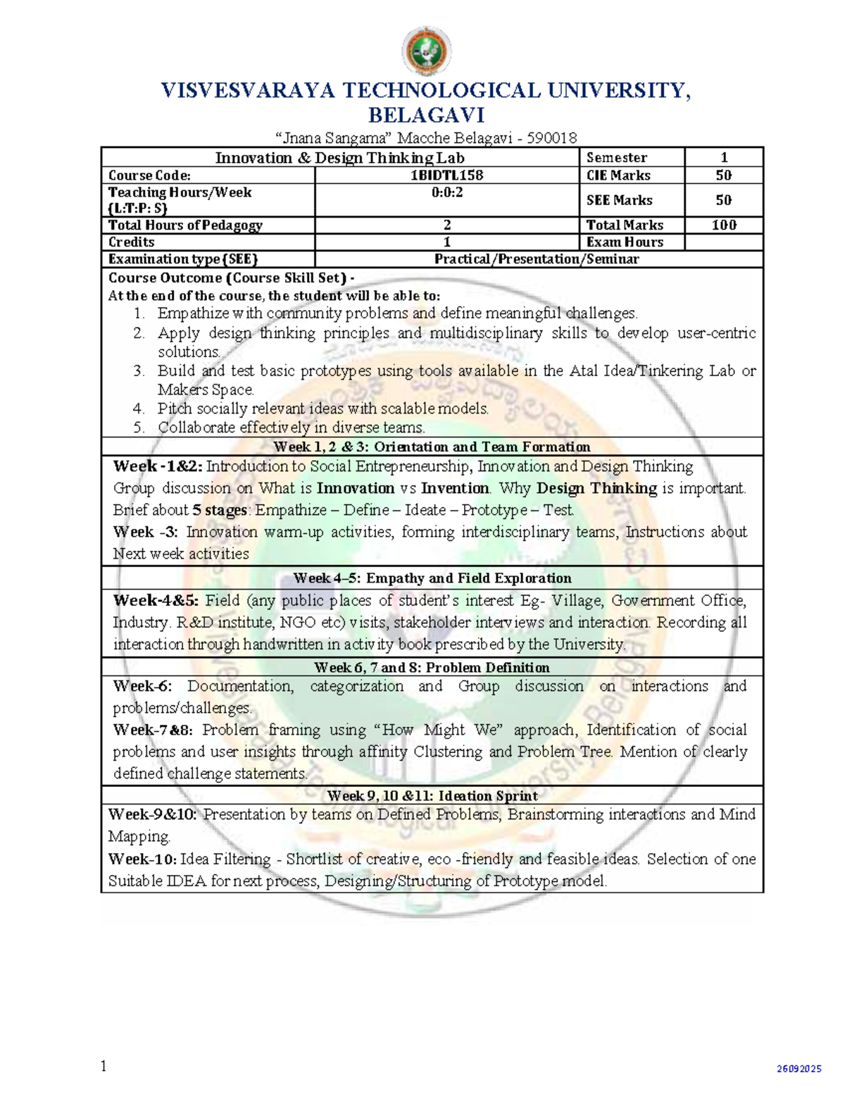 1BIDTL158 - Innovation Design Thinking Lab Course Overview and ...