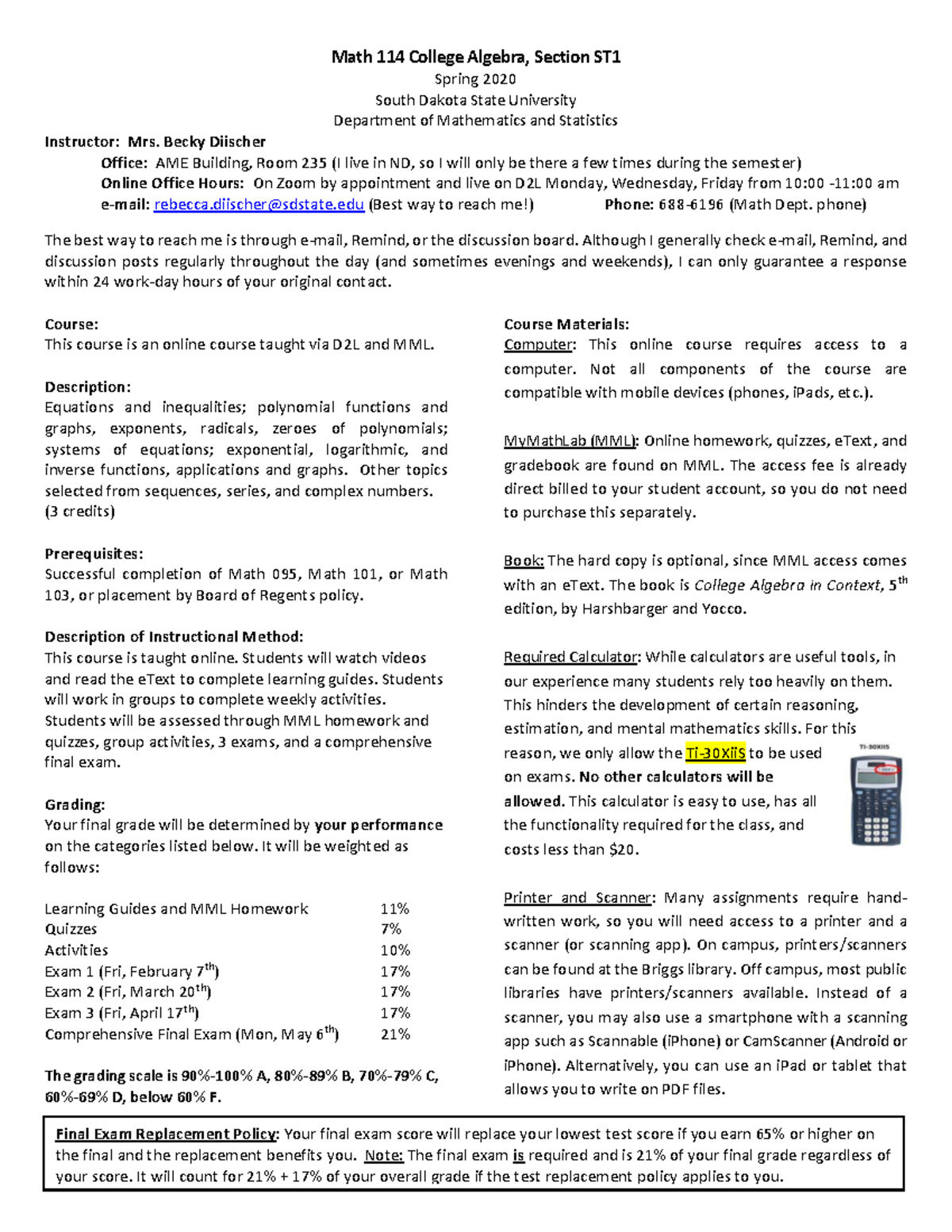 MATH 114 Online College Algebra Course Overview & Spring 2020 Schedule ...