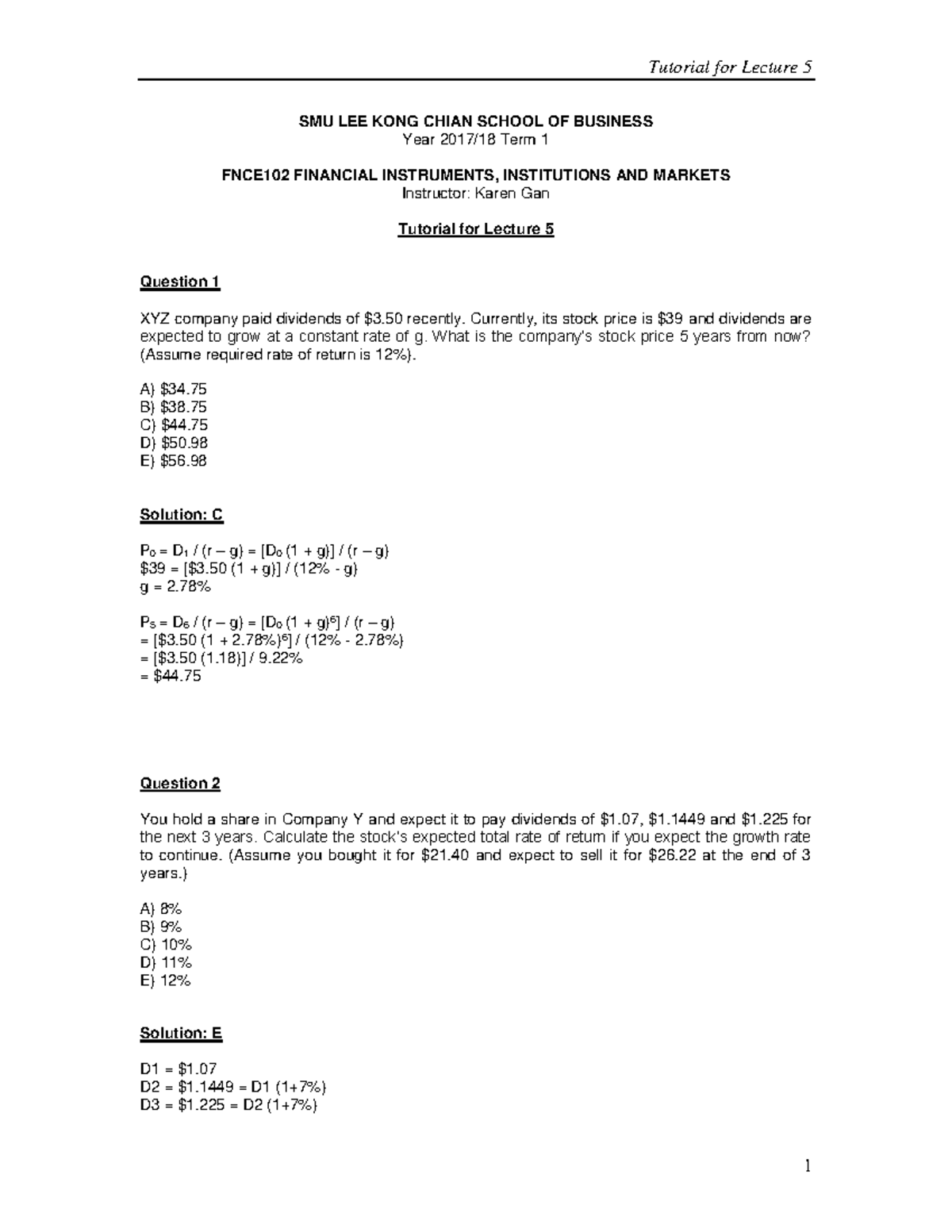 FNCE102 Tutorial 5 Notes - Stock Markets Overview and Solutions - Studocu