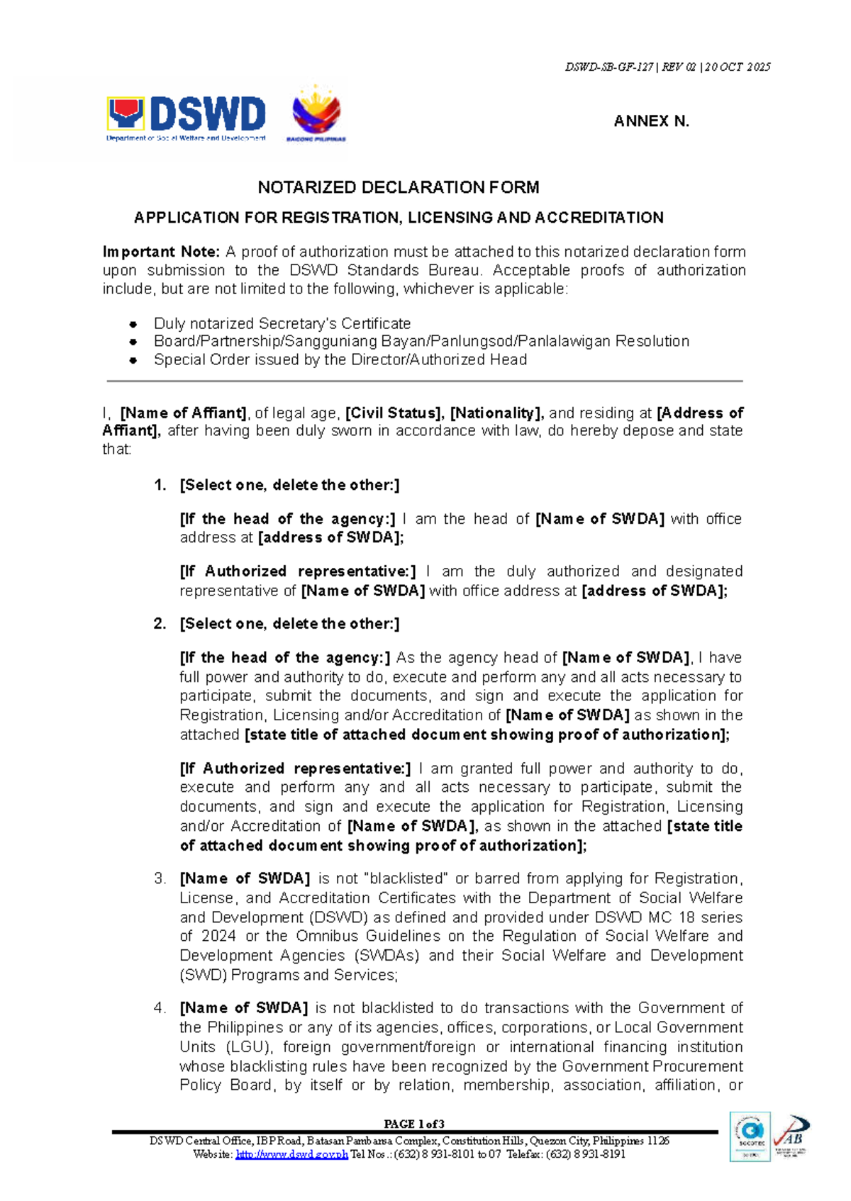 DSWD-SB-GF-127 REV 02: Notarized Declaration for RLA Application - Studocu