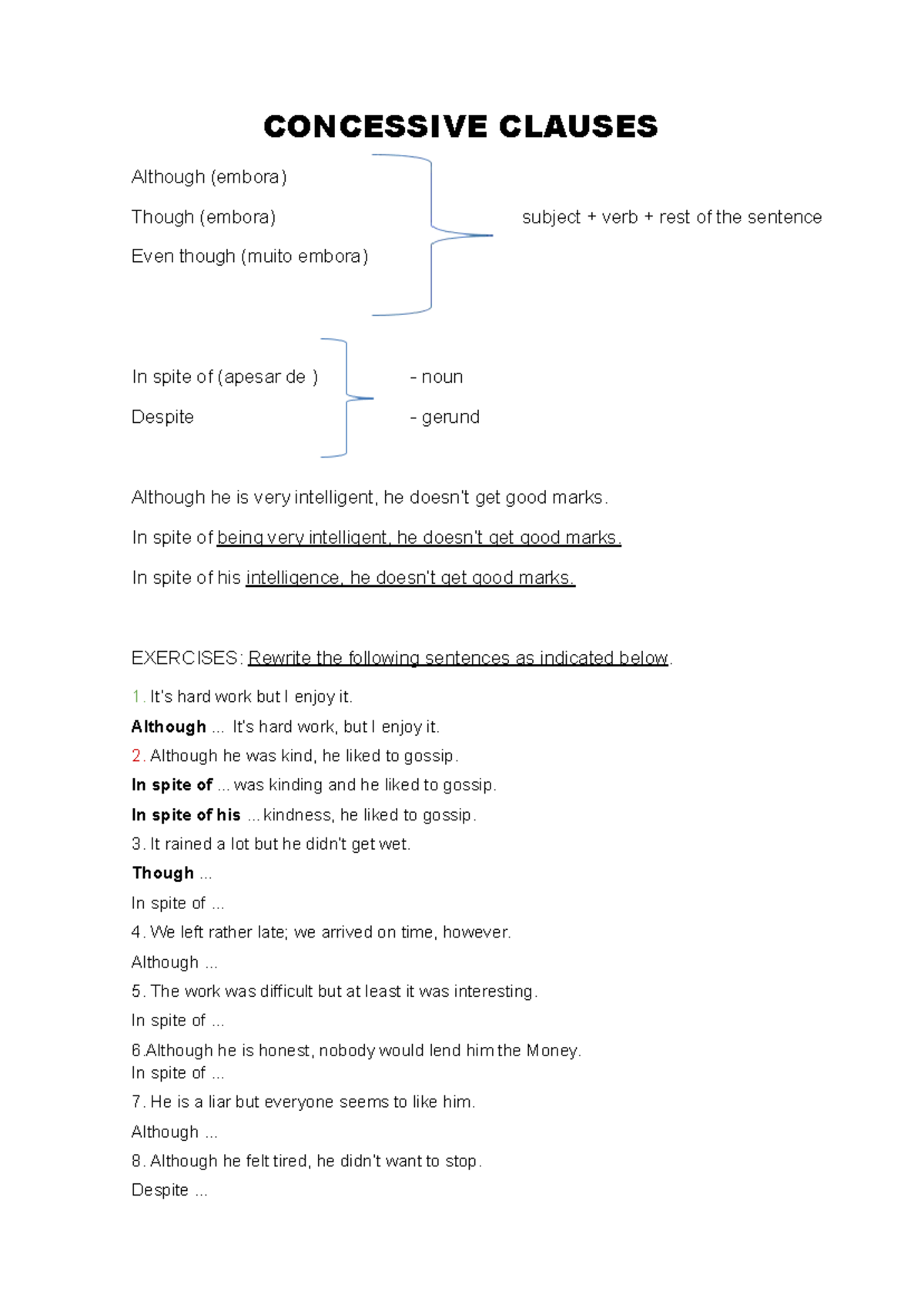 Concessive Clauses Although in spite of wk - CONCESSIVE CLAUSES ...