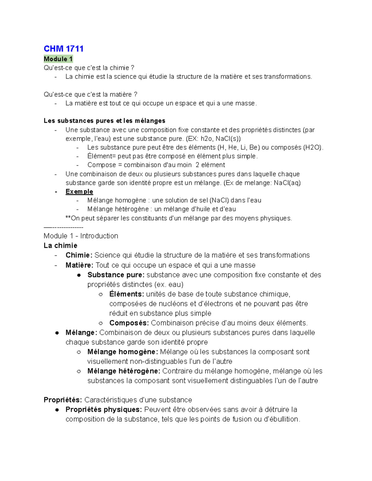 CHM 1711 Module 1: Introduction à la chimie et à la matière - Studocu