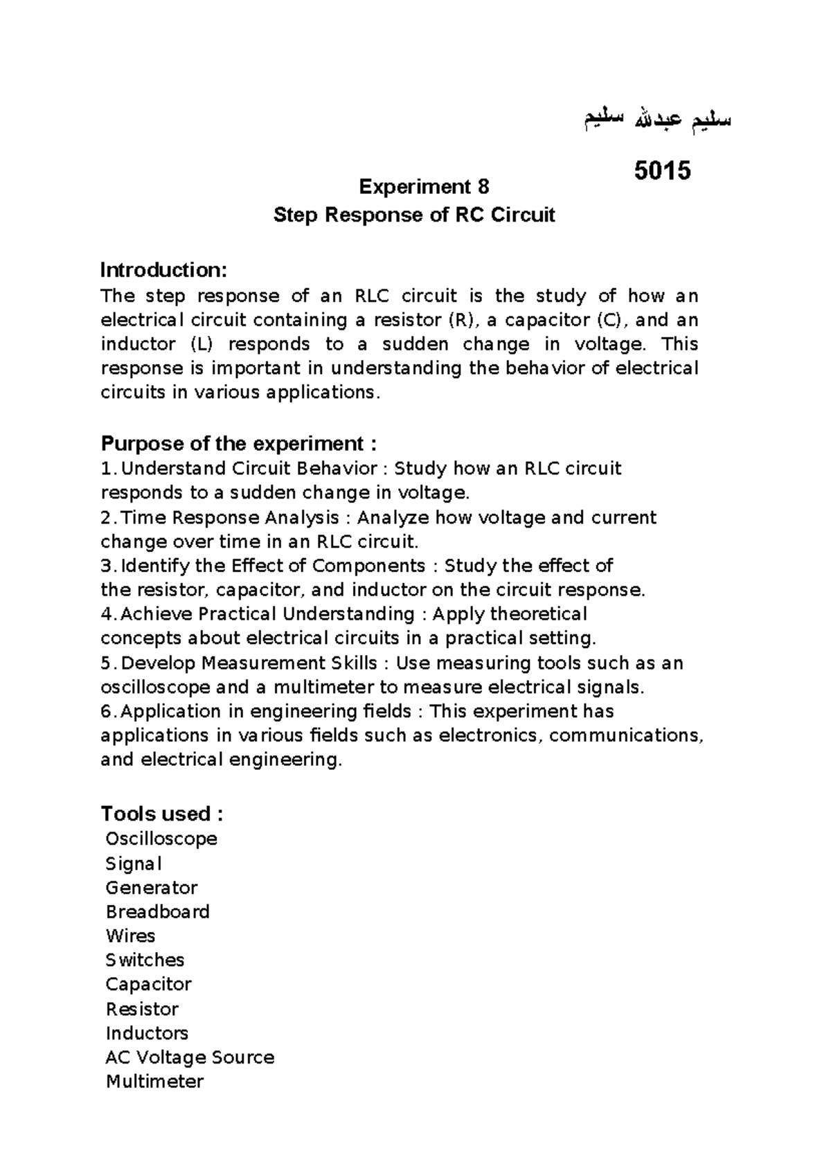Experiment 8: Step Response of RC Circuit 5015 Analysis - Studocu