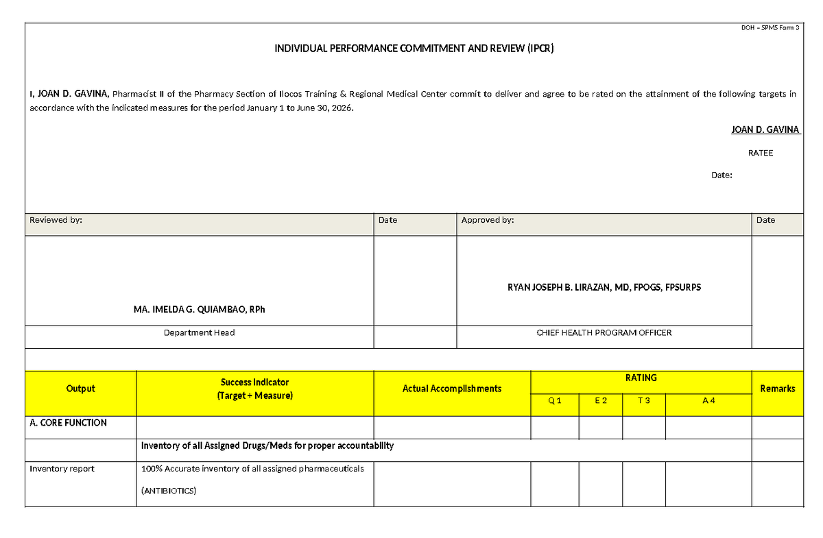 DOH SPMS Form 3: IPCR for Joan D. Gavina (Jan-June 2026) - Studocu