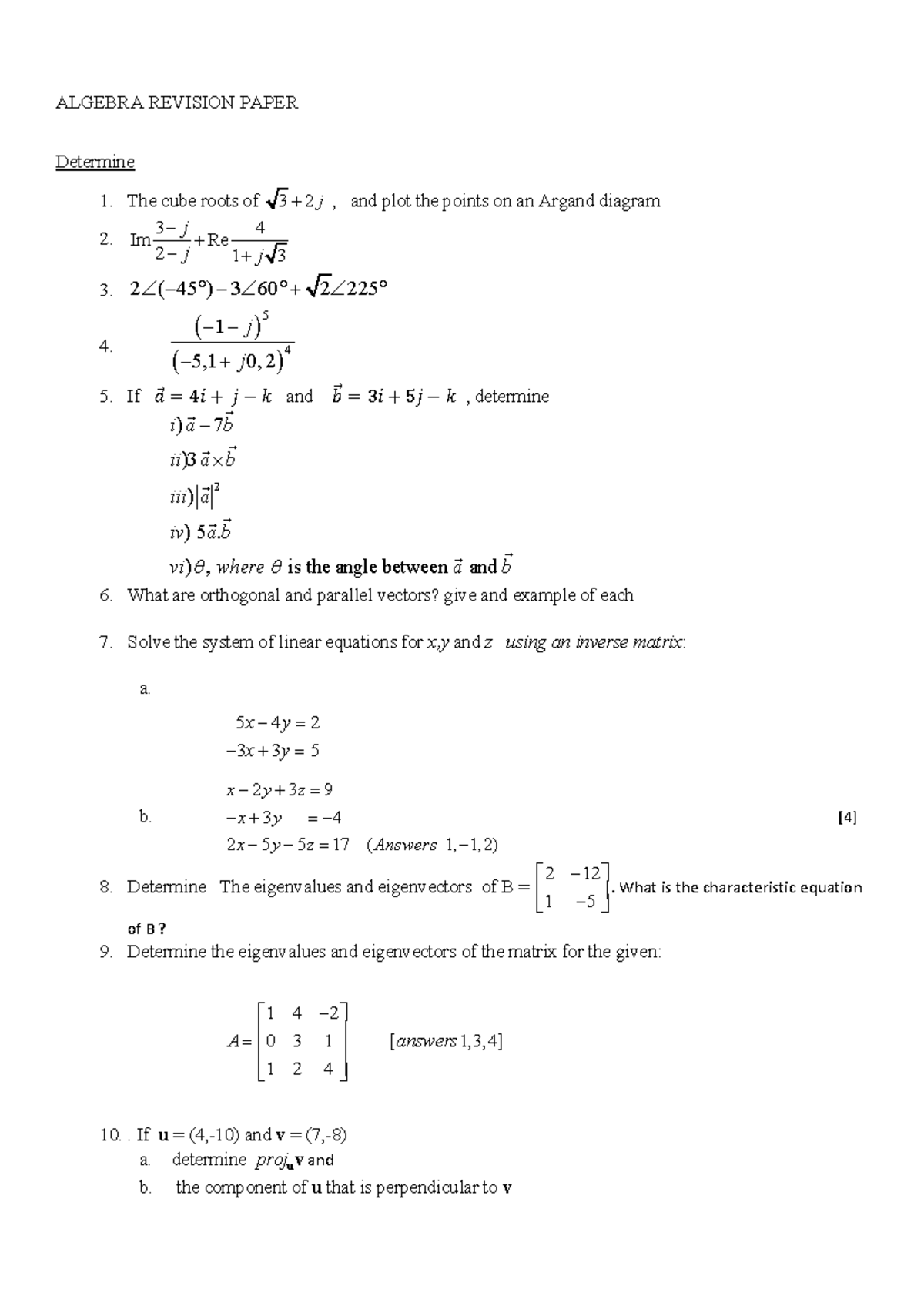 Algebra Revision Questions & Solutions for Course Code: MATH201 - Studocu