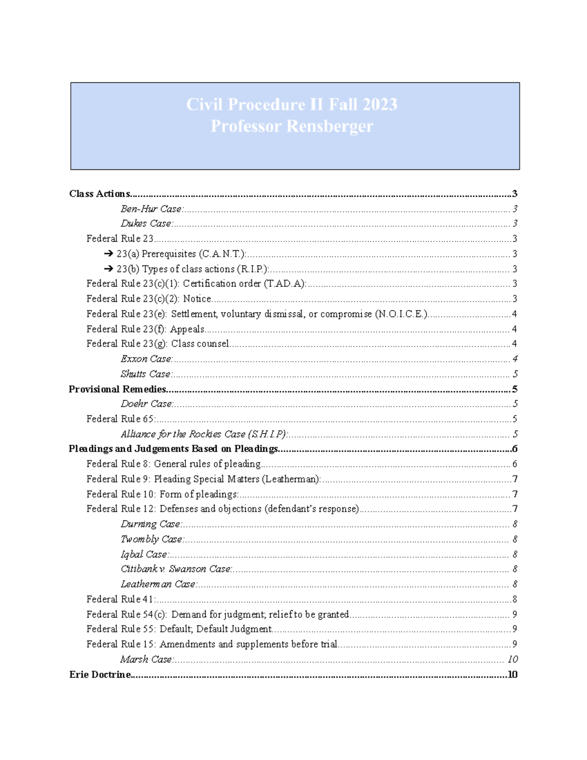 Civ Pro II Final Exam Outline: Class Actions, Rules & Procedures - Studocu