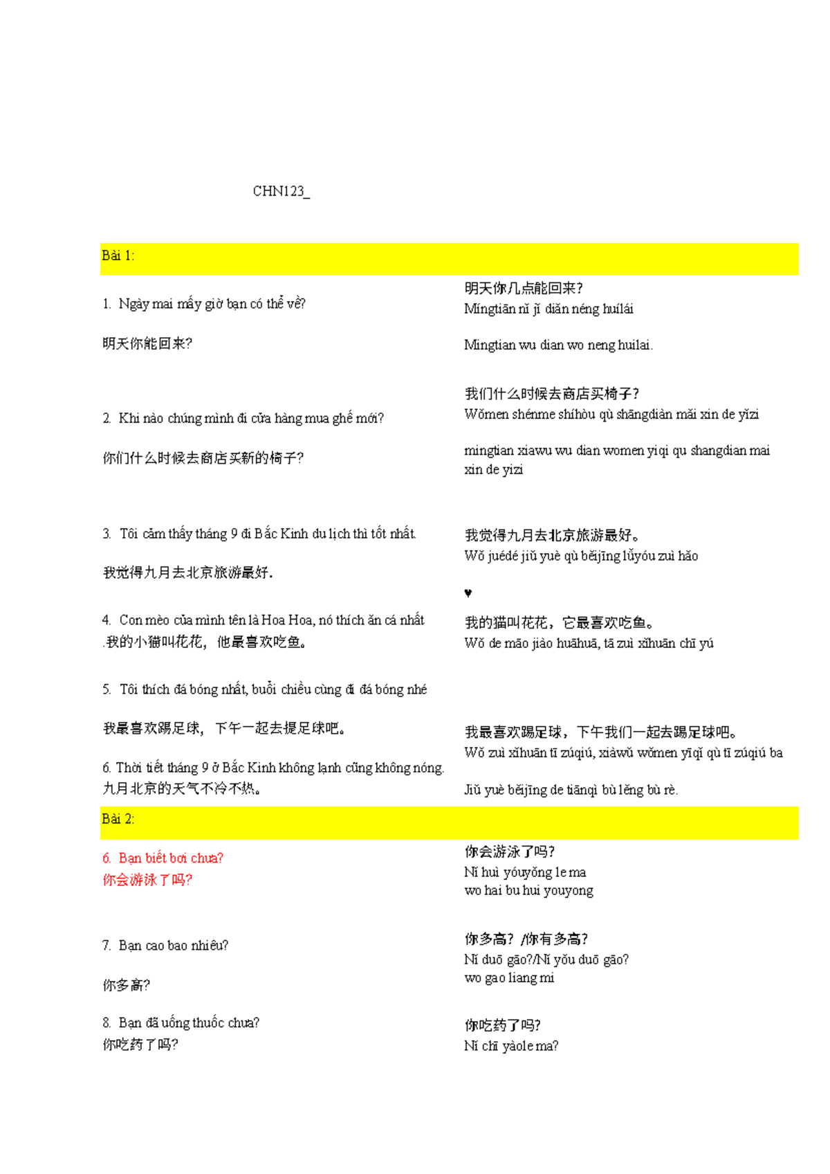 CHN123 - Chinese Lesson Notes and Practice Exercises - Studocu