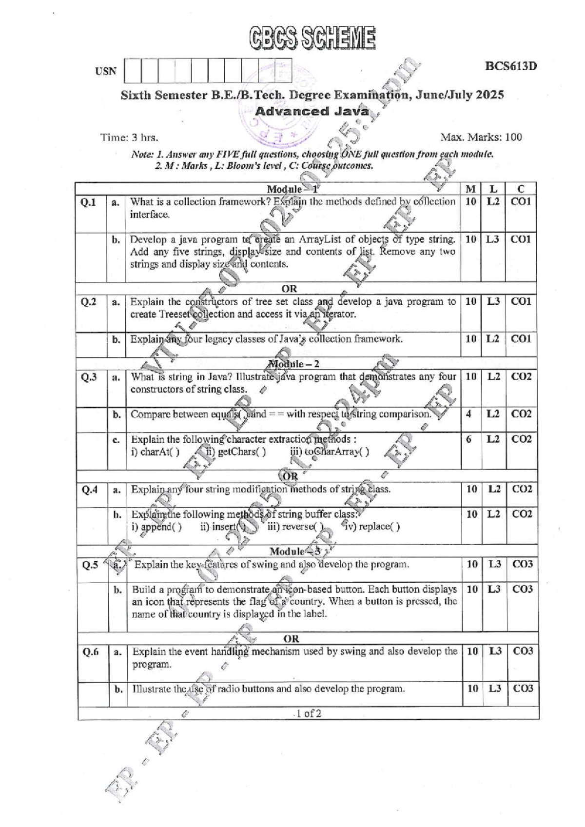 BCS613D Advanced Java Exam Questions - June/July 2025 - Studocu