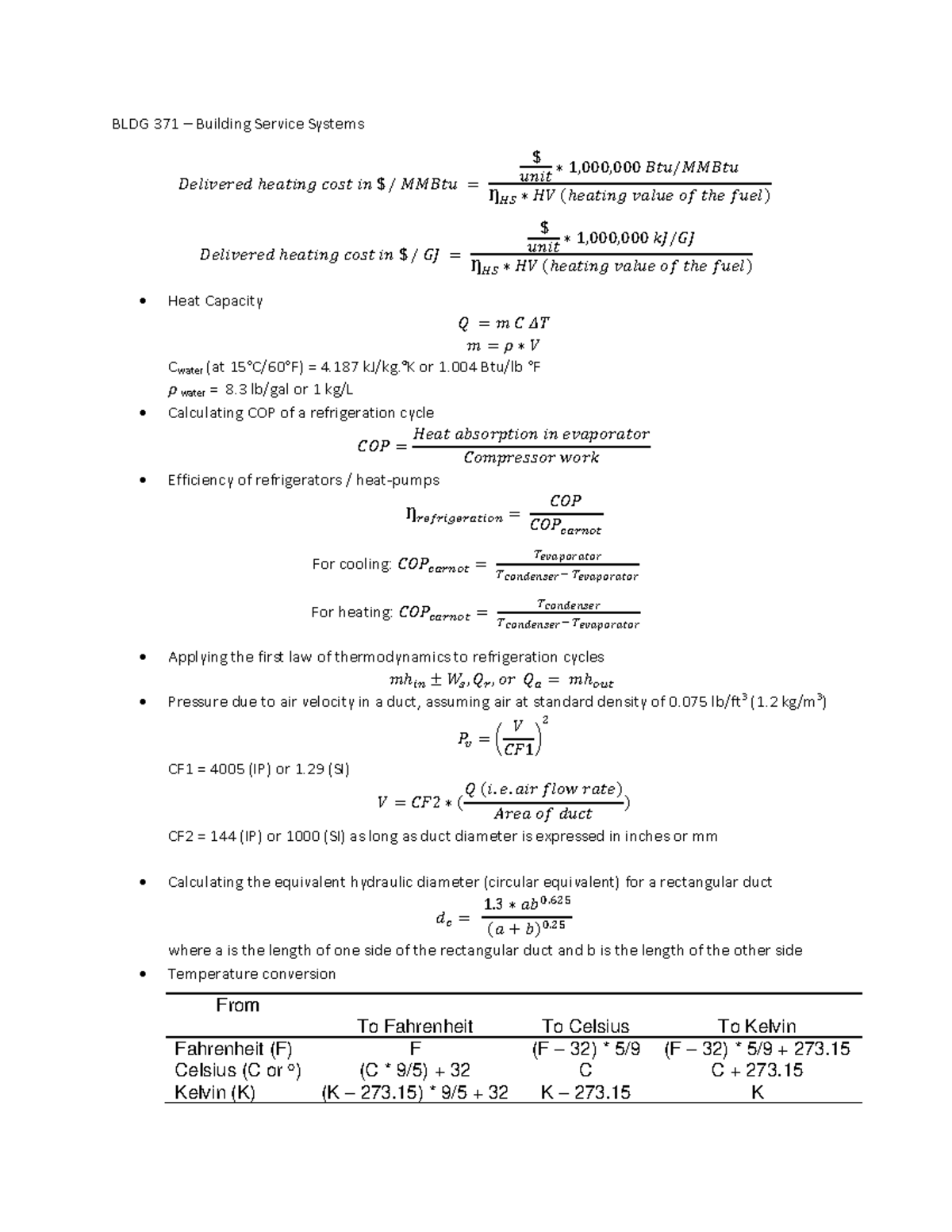 BLDG371 – Building Service Systems Formula Sheet for Reference - Studocu
