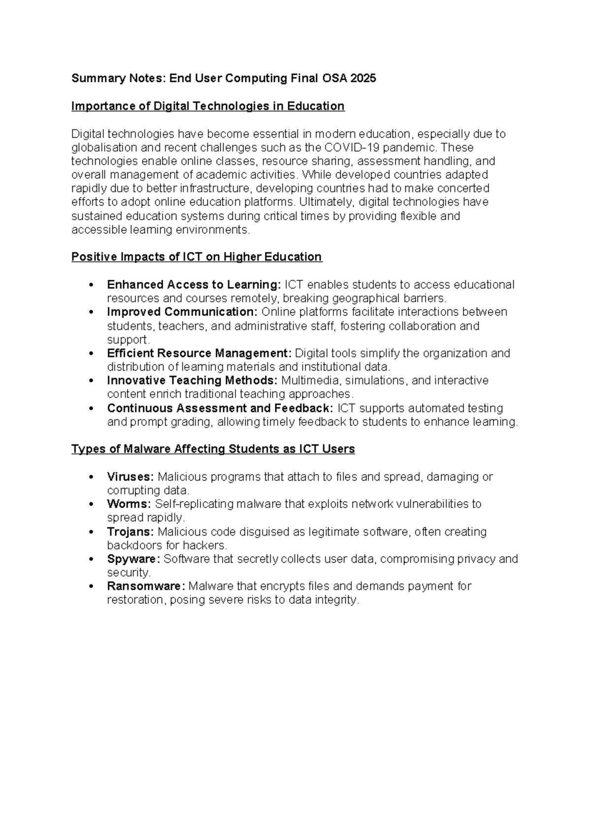 Summary Notes: End User Computing Final Exam OSA 2025 - Studocu