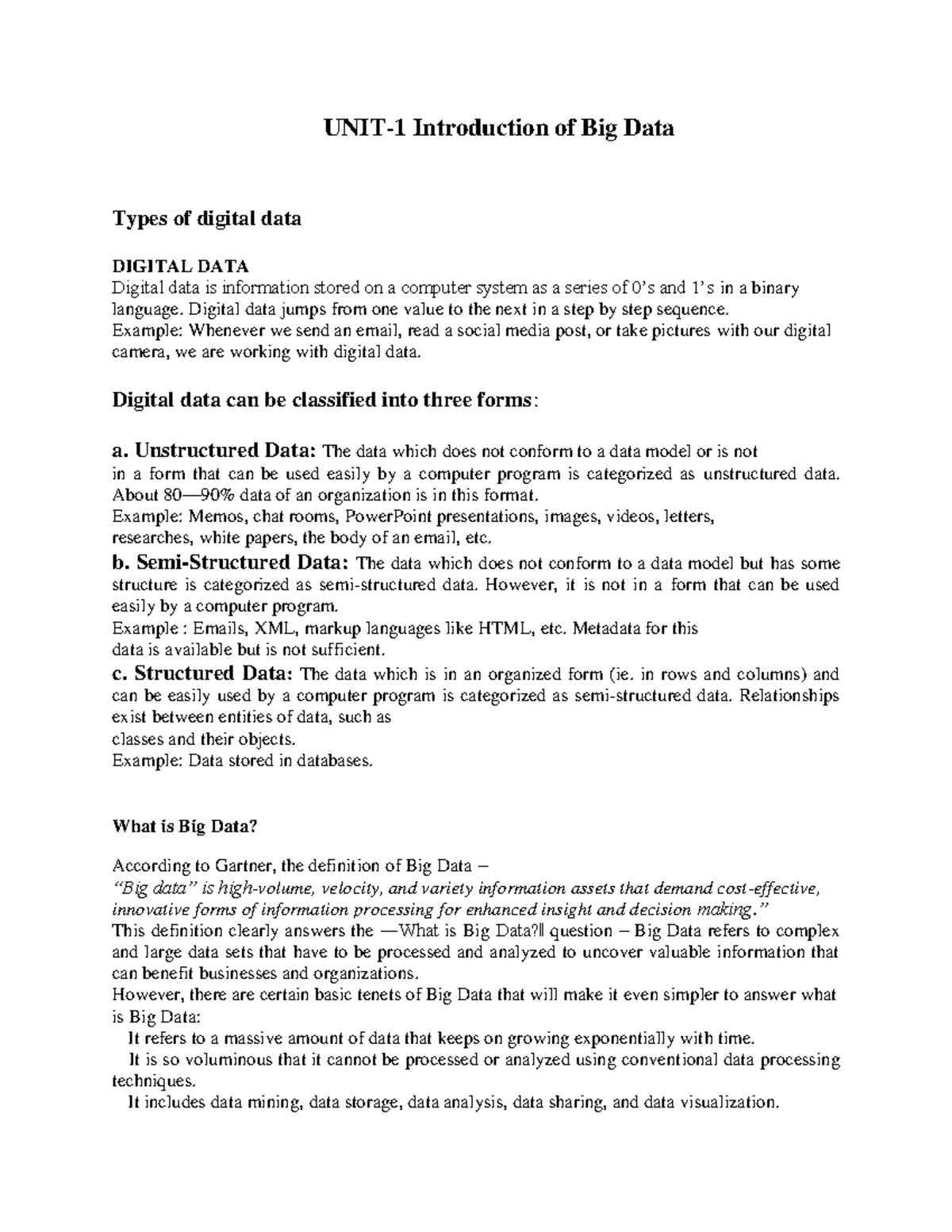 Big Data Introduction: Unit 1 Notes Overview and Key Concepts - Studocu