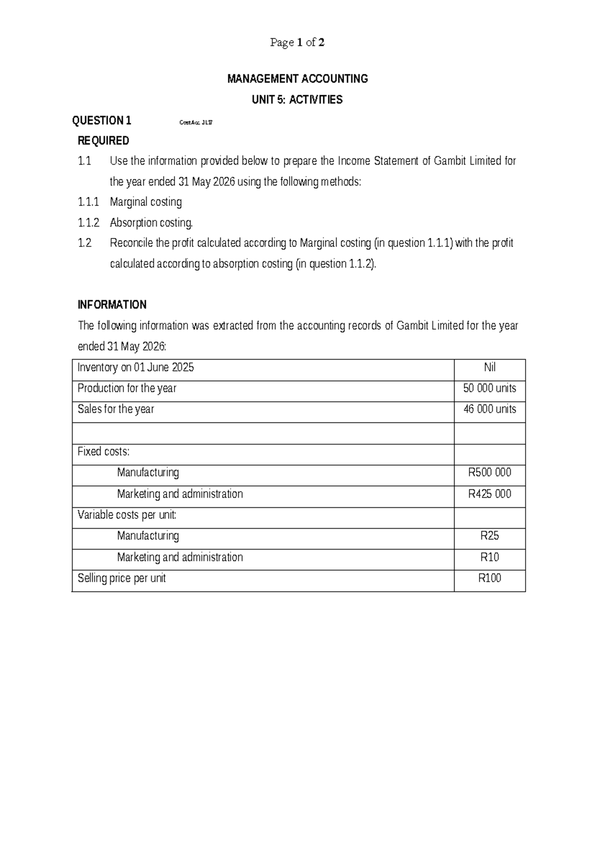 MAN ACC JL17 Unit 5 Activities: Income Statement & Costing Methods ...