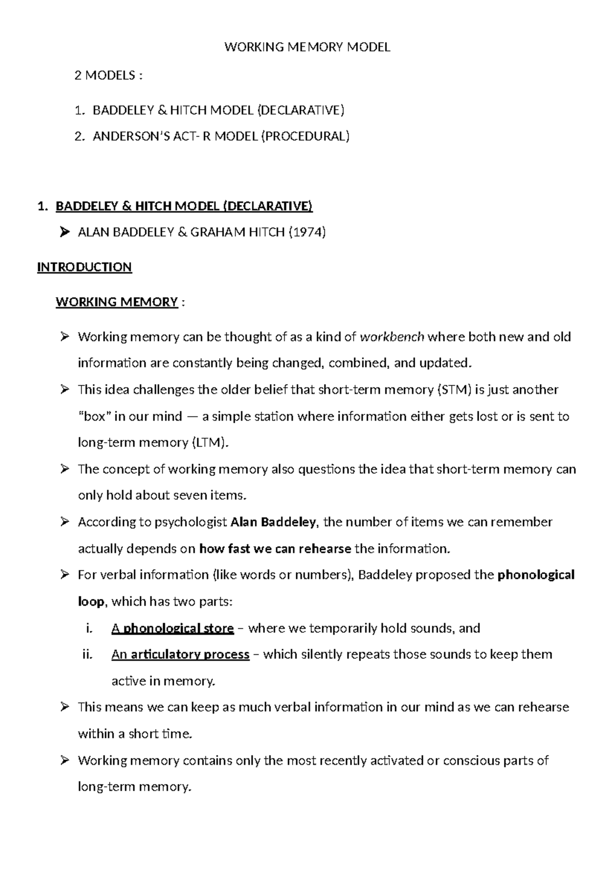 Working Memory Model: Baddeley-Hitch & ACT Models Explained - Studocu
