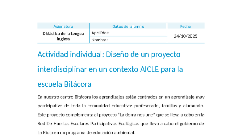 Diseño de Proyecto AICLE en la Asignatura Didáctica de la Lengua ...