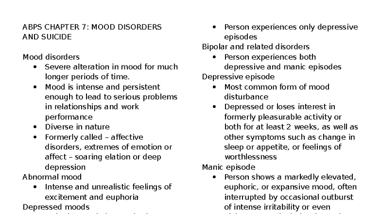 ABPS CHAPTER 7: MOOD DISORDERS & SUICIDE OVERVIEW - Studocu