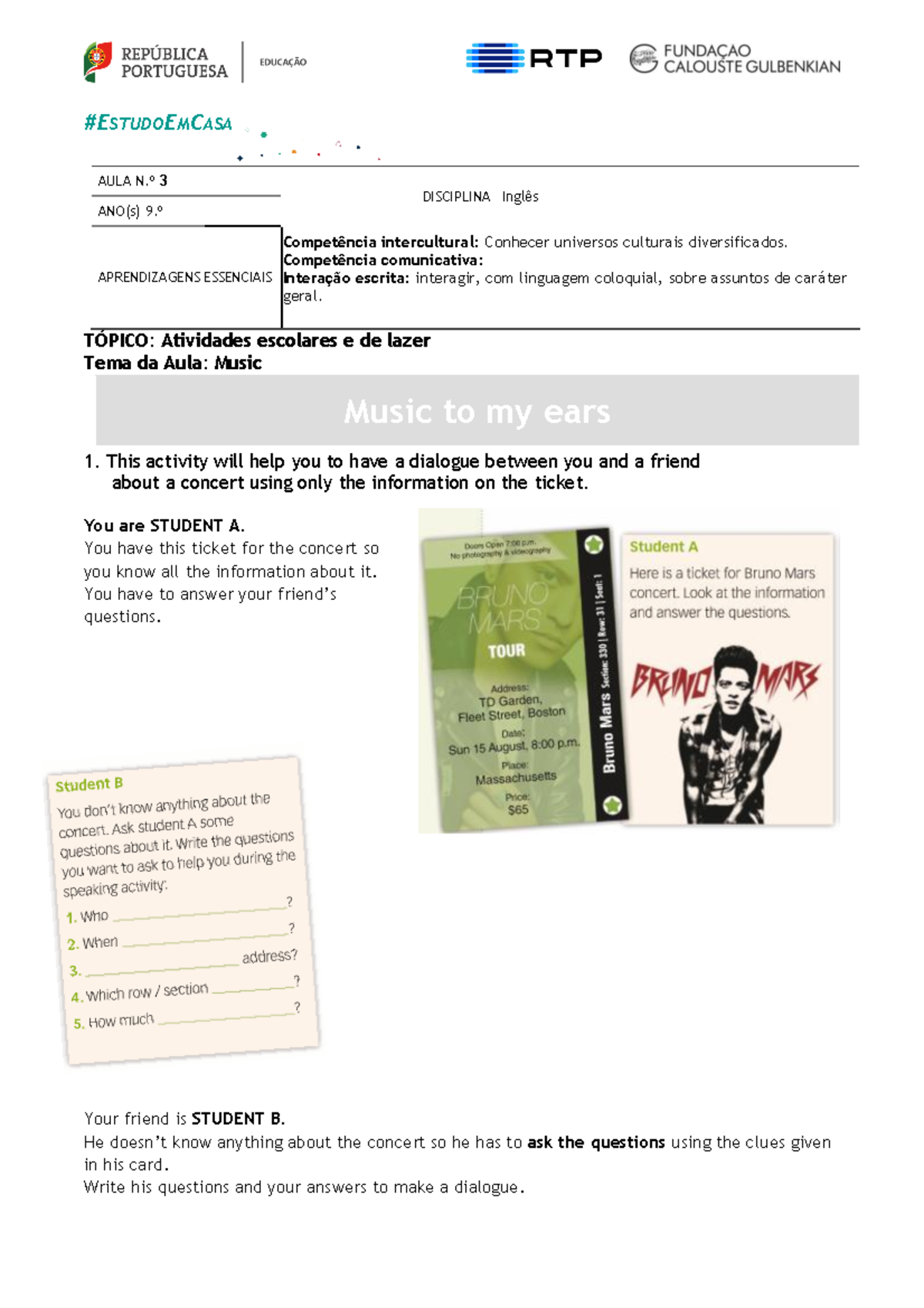 Ing Ficha - #ESTUDOEMCASA AULA N.º 3 DISCIPLINA Inglês ANO(s) 9.º ...