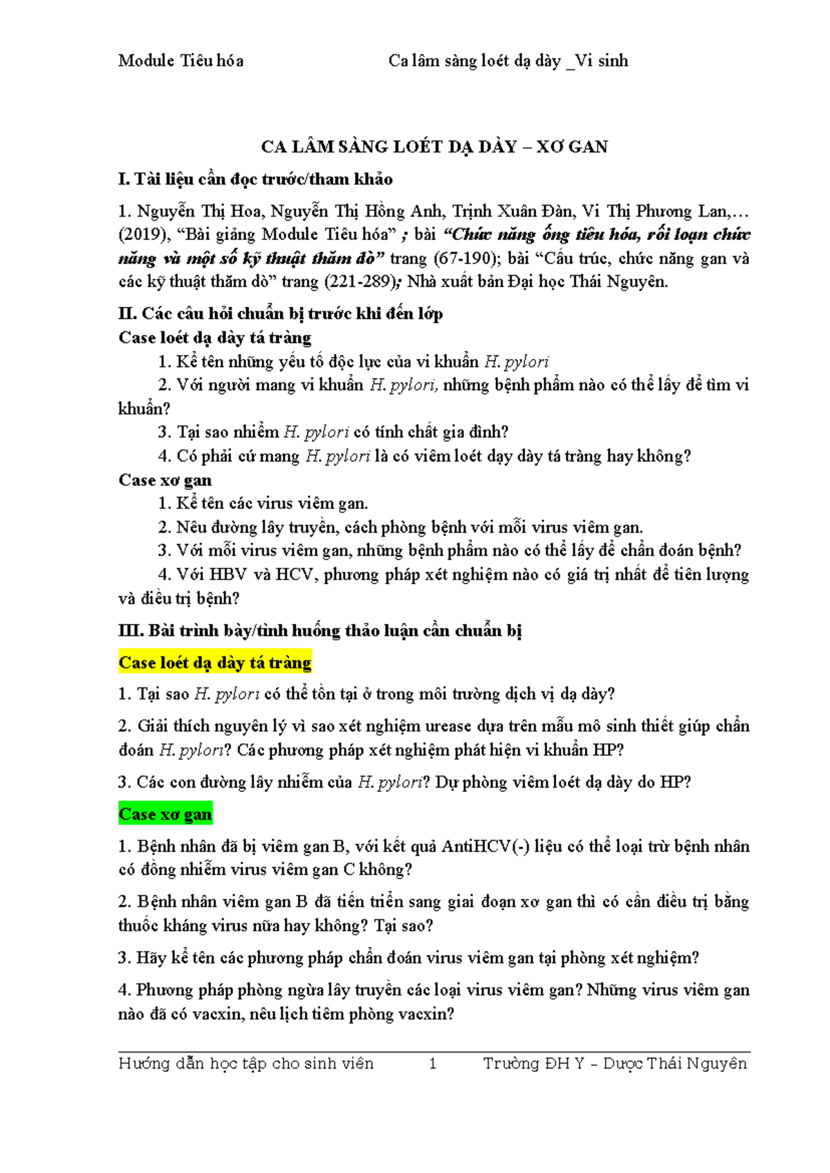 Buổi 9 HDHT CLS: Loét Dạ Dày & Xơ Gan - Vi Sinh - Studocu