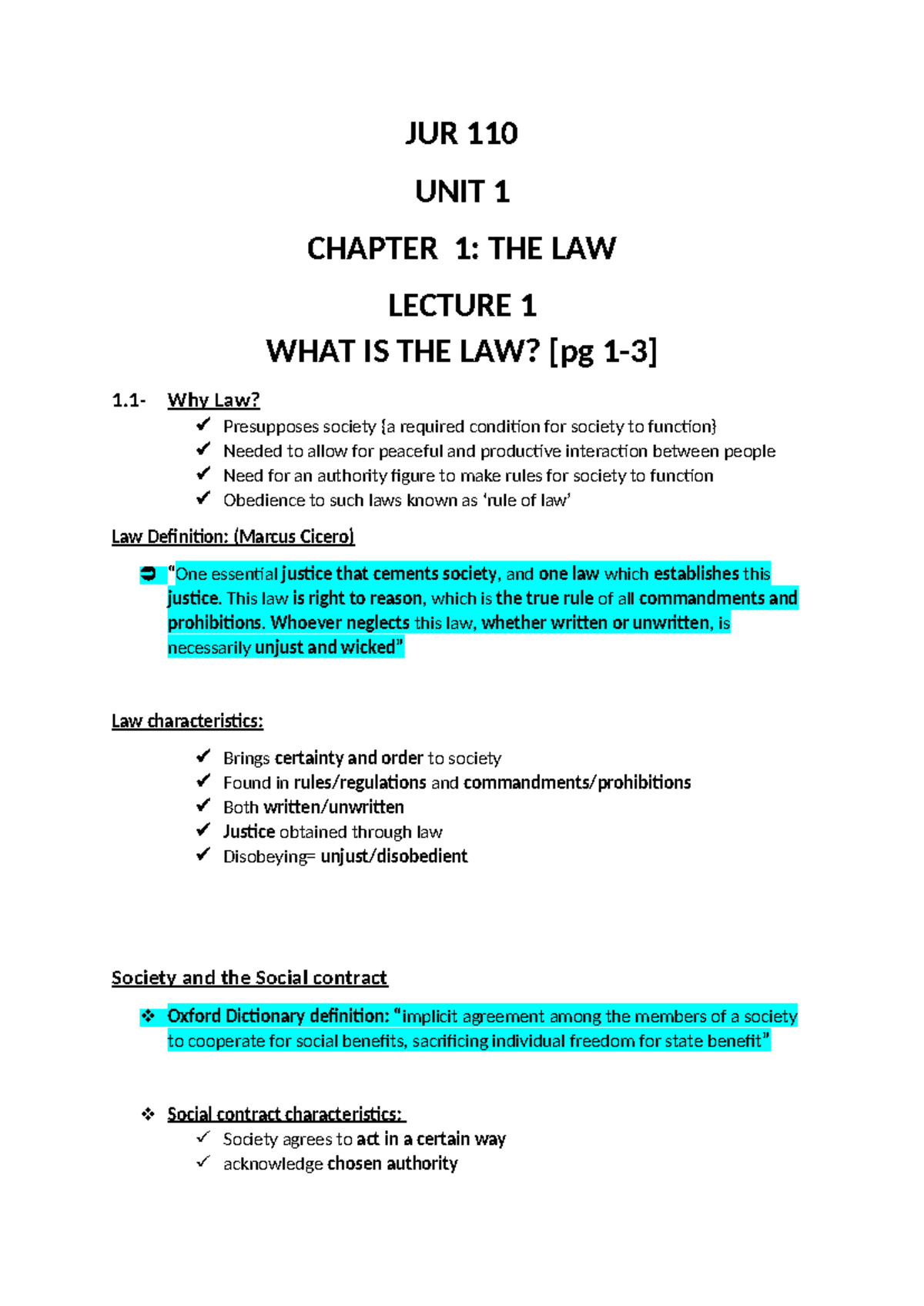 JUR 110 CHAPTER 1 LECTURE NOTES: LAW, SOCIETY, AND JUSTICE - Studocu