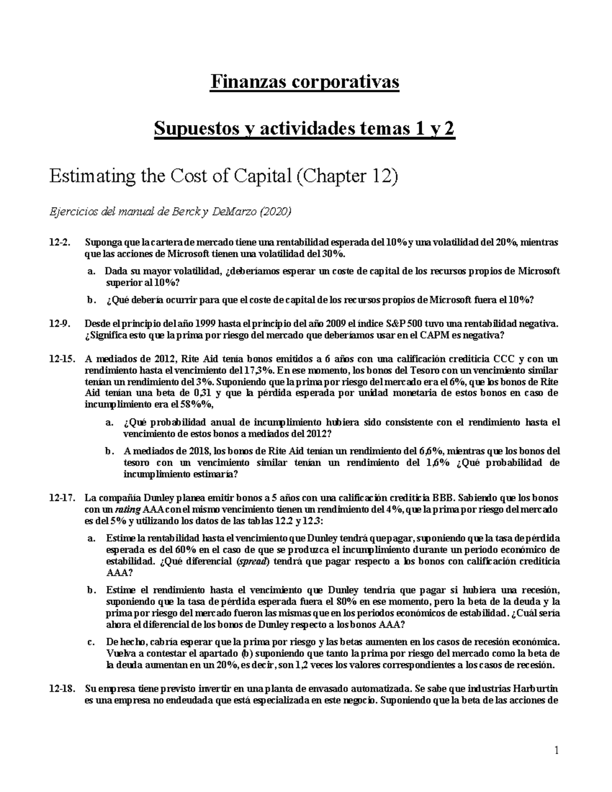Ejercicios de Finanzas Corporativas (FIN 101) - Temas 1 y 2 - Studocu