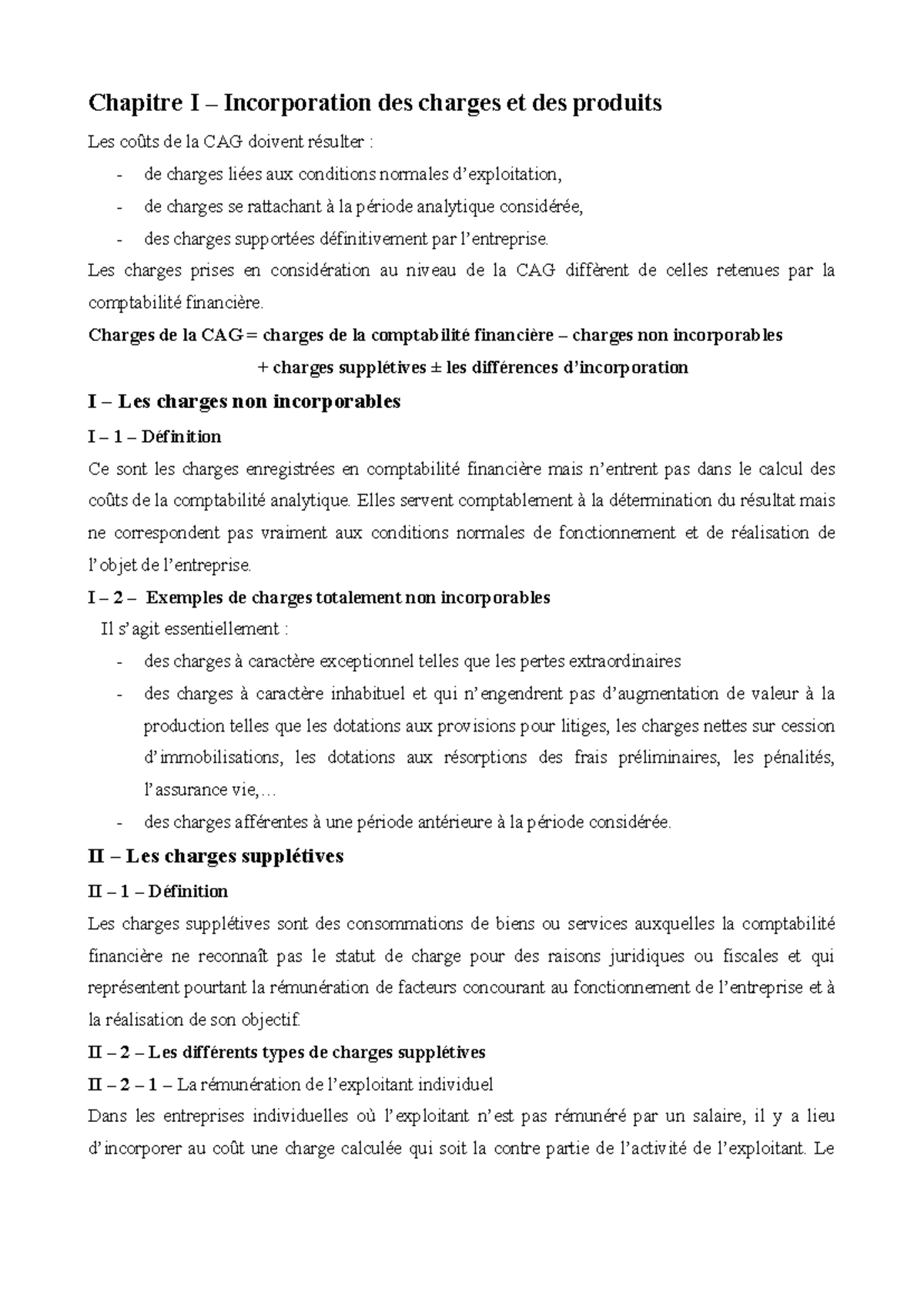 Chapitre I : Intégration des Charges et Produits en CAG - Studocu