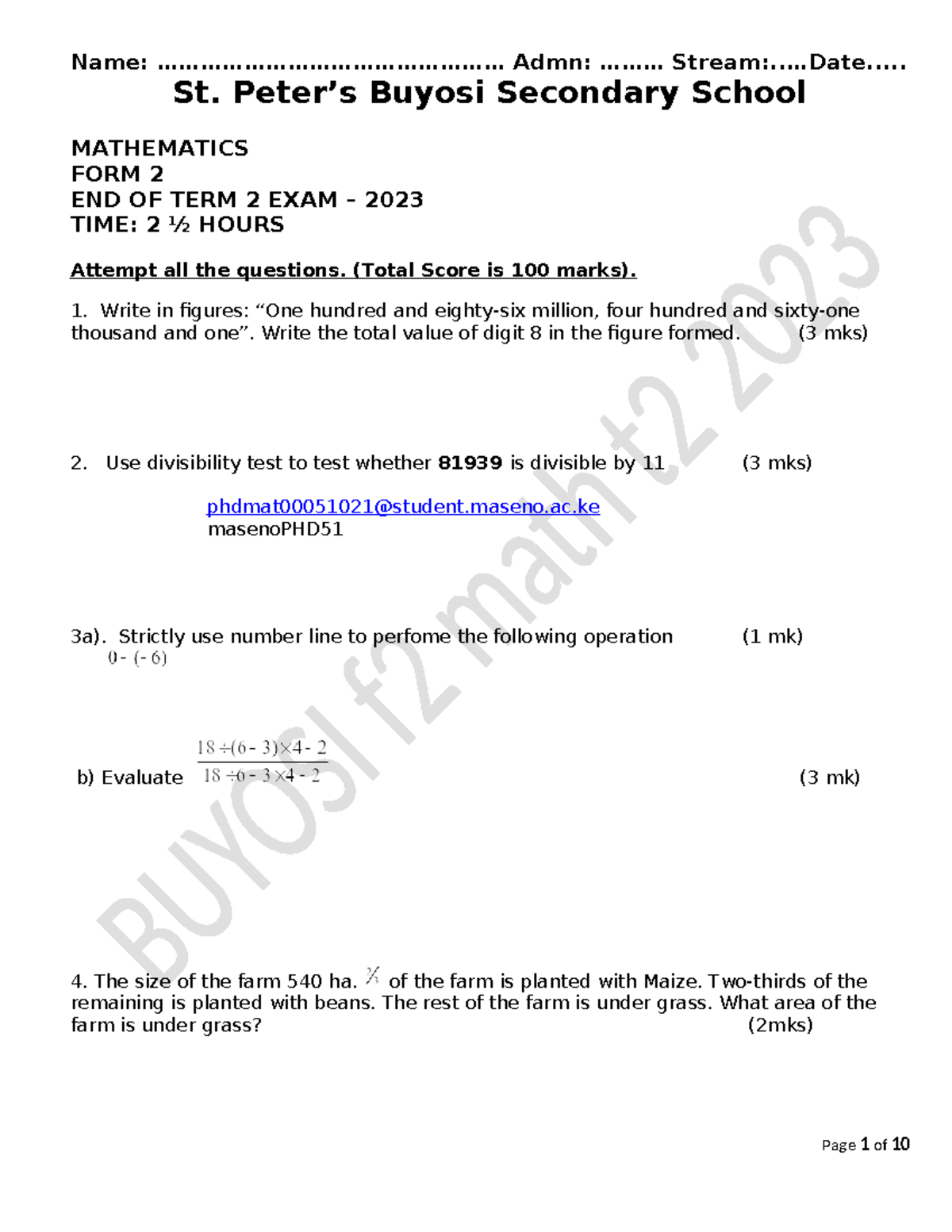 MATHEMATICS FORM 2 END OF TERM 2 EXAM 2023 - masenoPHD51 - Studocu