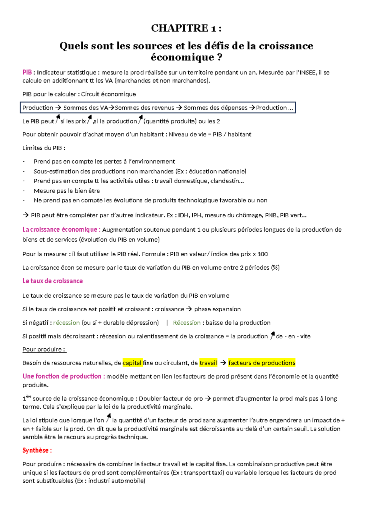 Fiche de révision - Chapitre 1 : Sources et Défis de la Croissance Éco ...