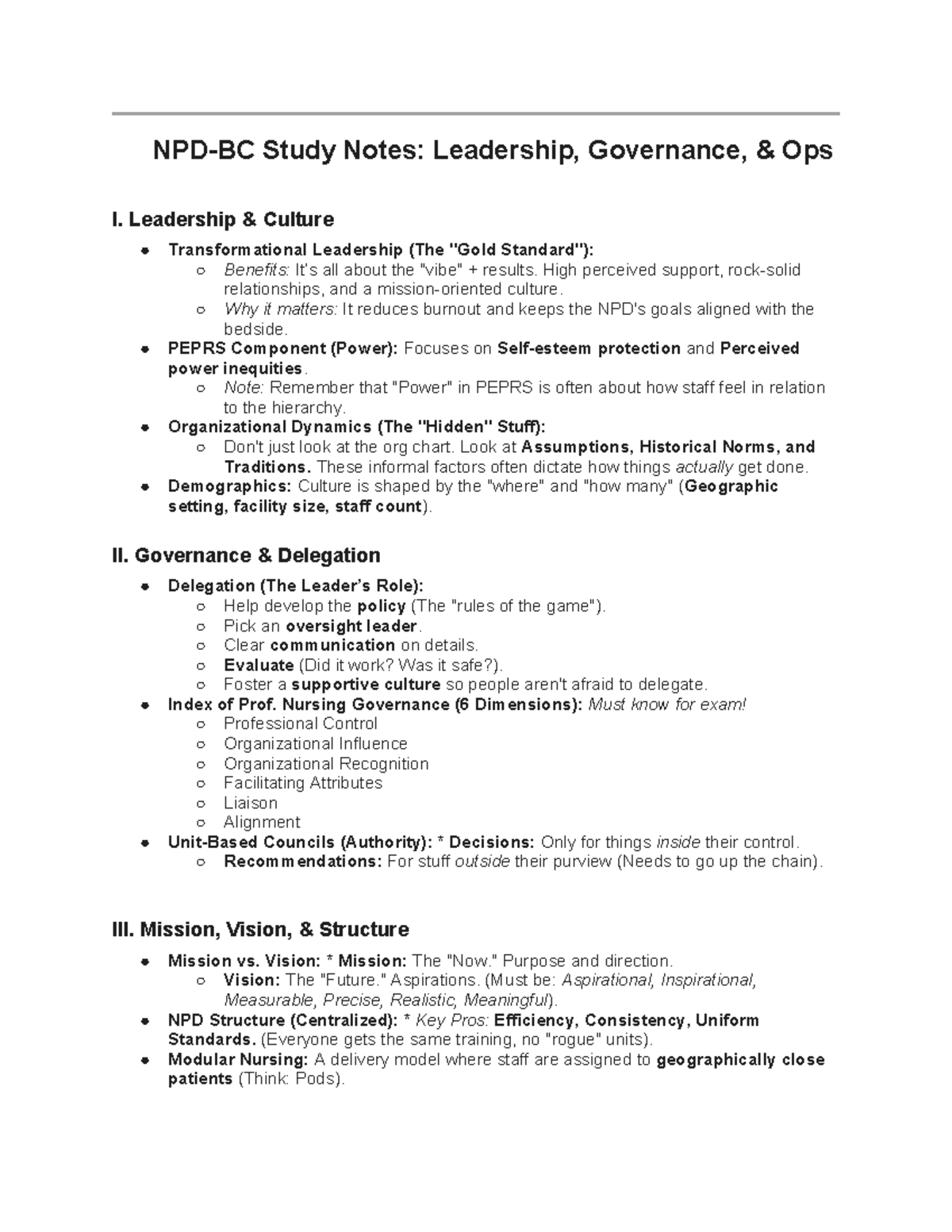 NPD-BC Study Notes: Leadership, Governance, and Quality Improvement ...