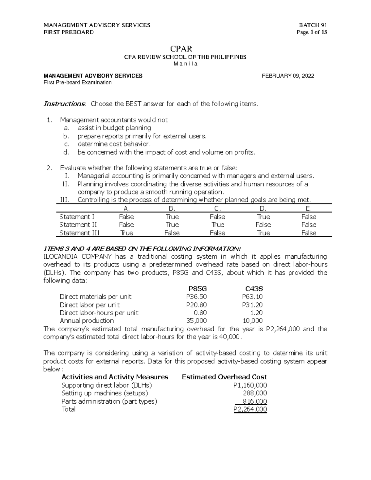 CPAR MAS 9 1 First Preboard Examination Questions and Answers - Studocu