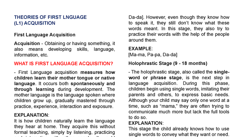 ENG 211: Theories of First Language Acquisition and SLA Review - Studocu