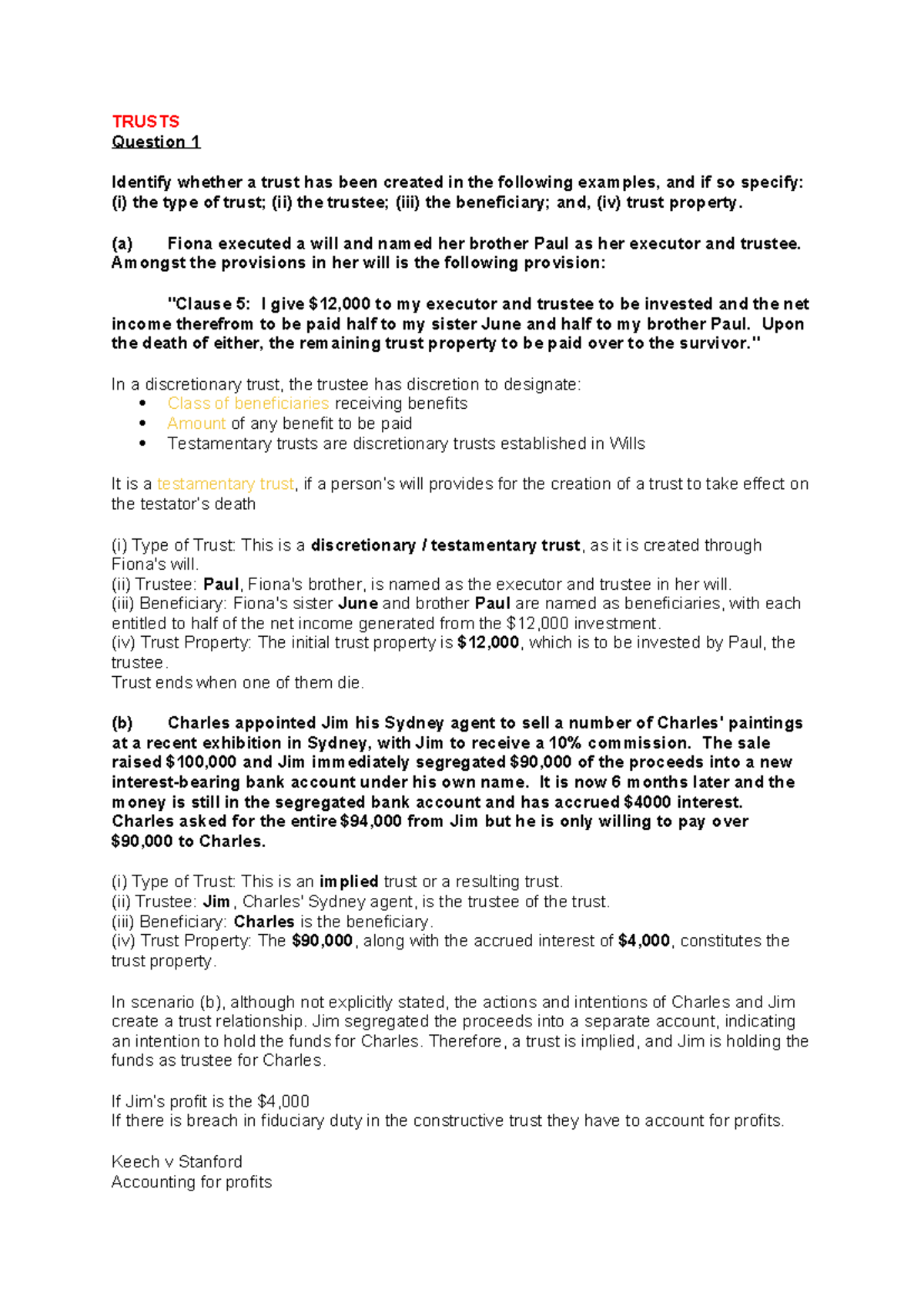 TRUSTS & BAILMENT: Key Concepts and Case Analysis (LAW101) - Studocu
