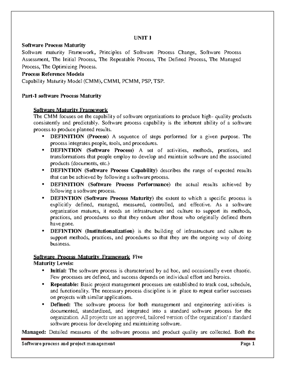 Sppm Unit-1: Software Process Maturity Framework and Models - Studocu