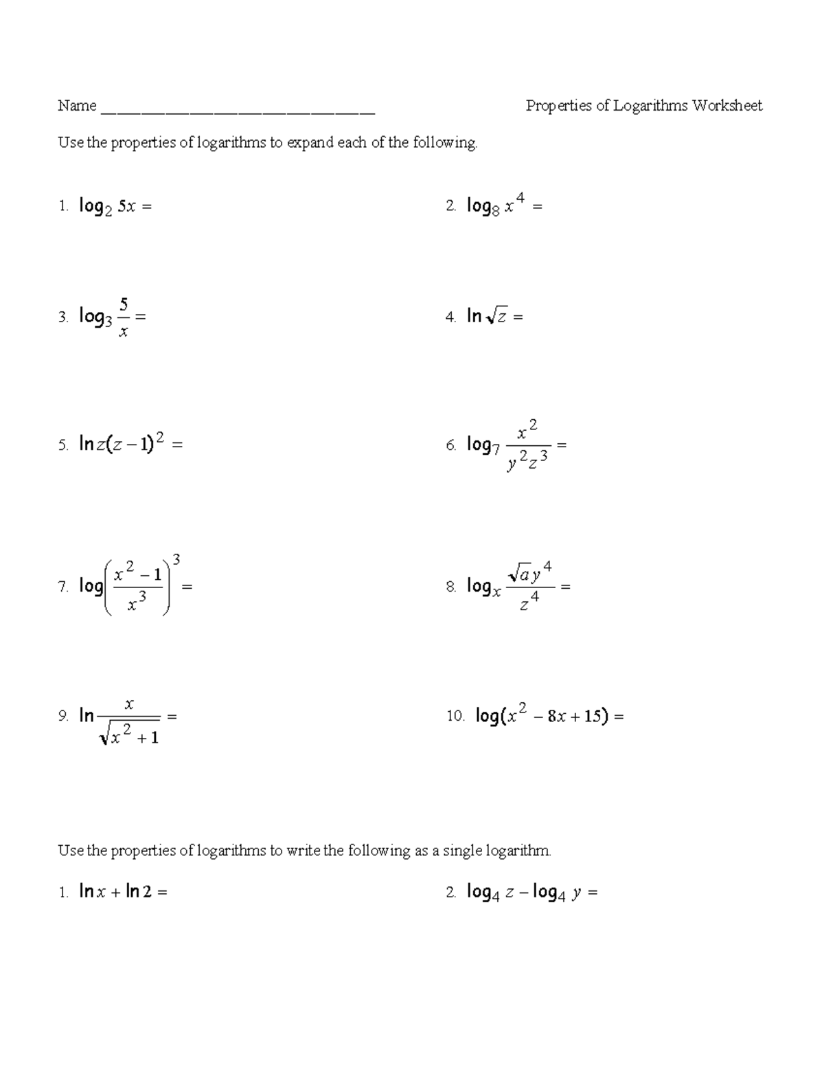 Logarithm Properties Worksheet - bnm - Studocu