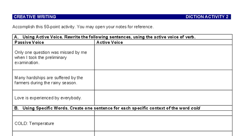 CW A2 Diction Activity: Mastering Active Voice & Word Choice 2025 - Studocu