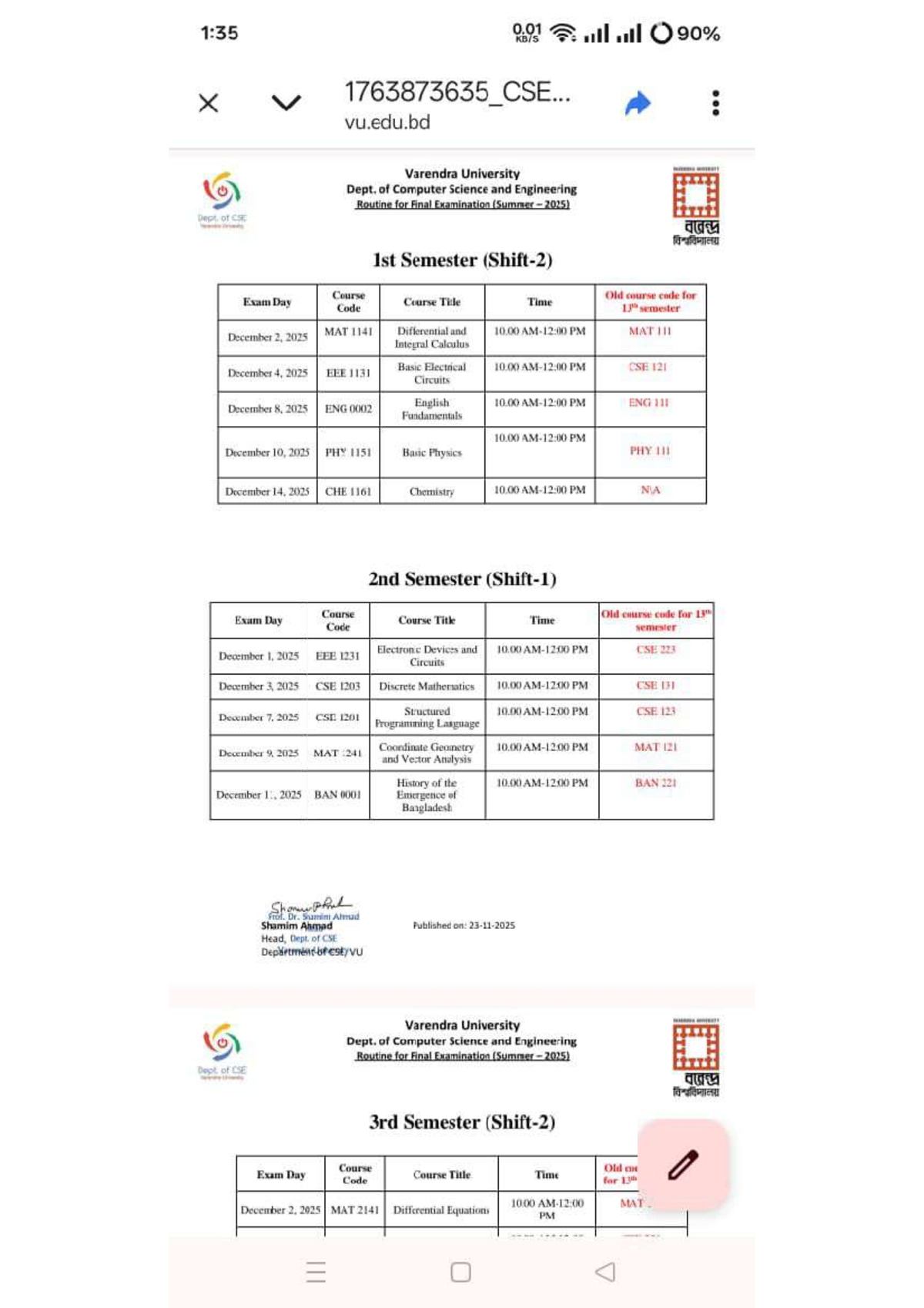 CSE Final Exam Routine - Summer 2025 at Varendra University - Studocu
