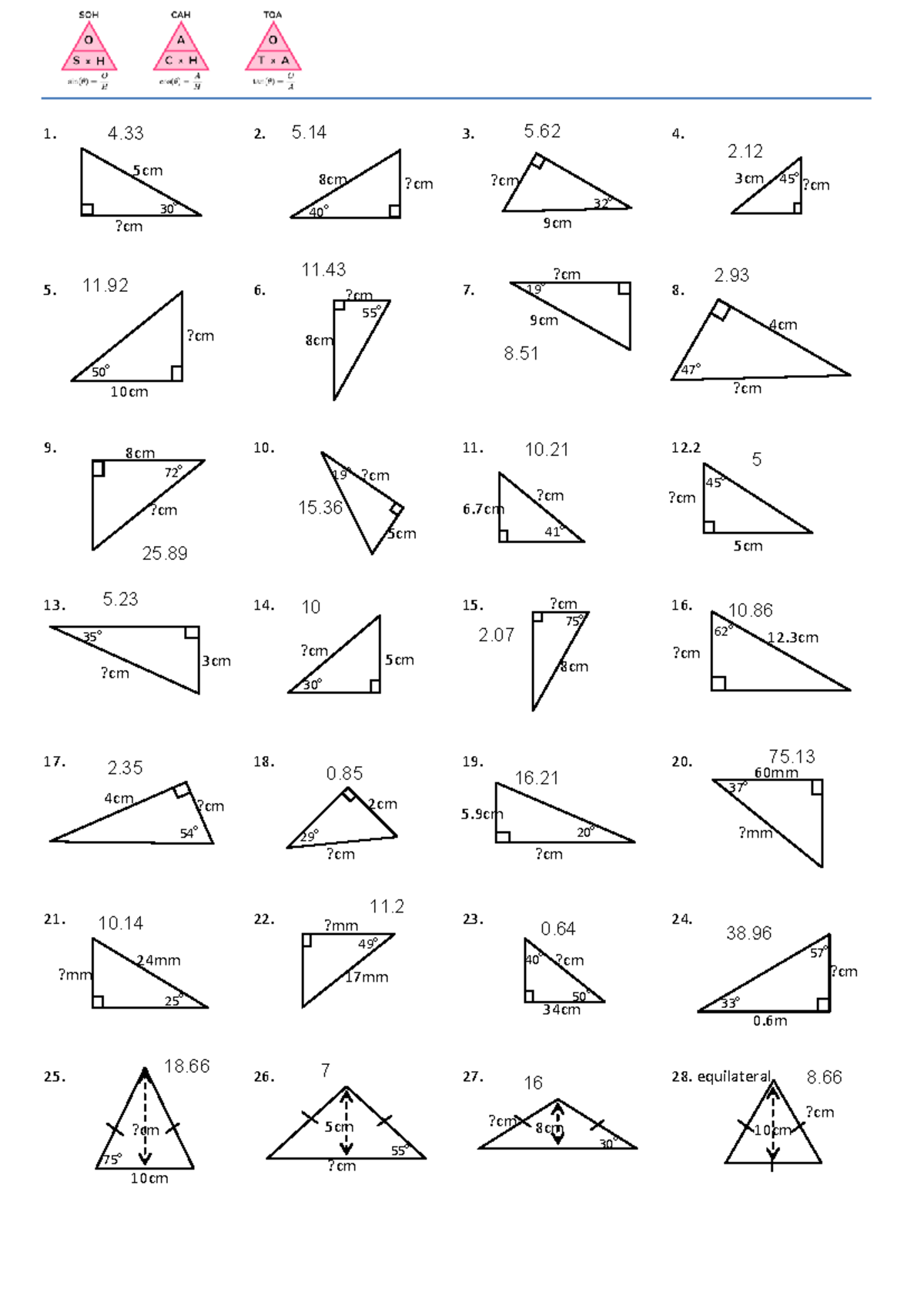 Trigonometry - Missing Sides Mixture (4.33, 5.14, 8cm, etc.) - Studocu