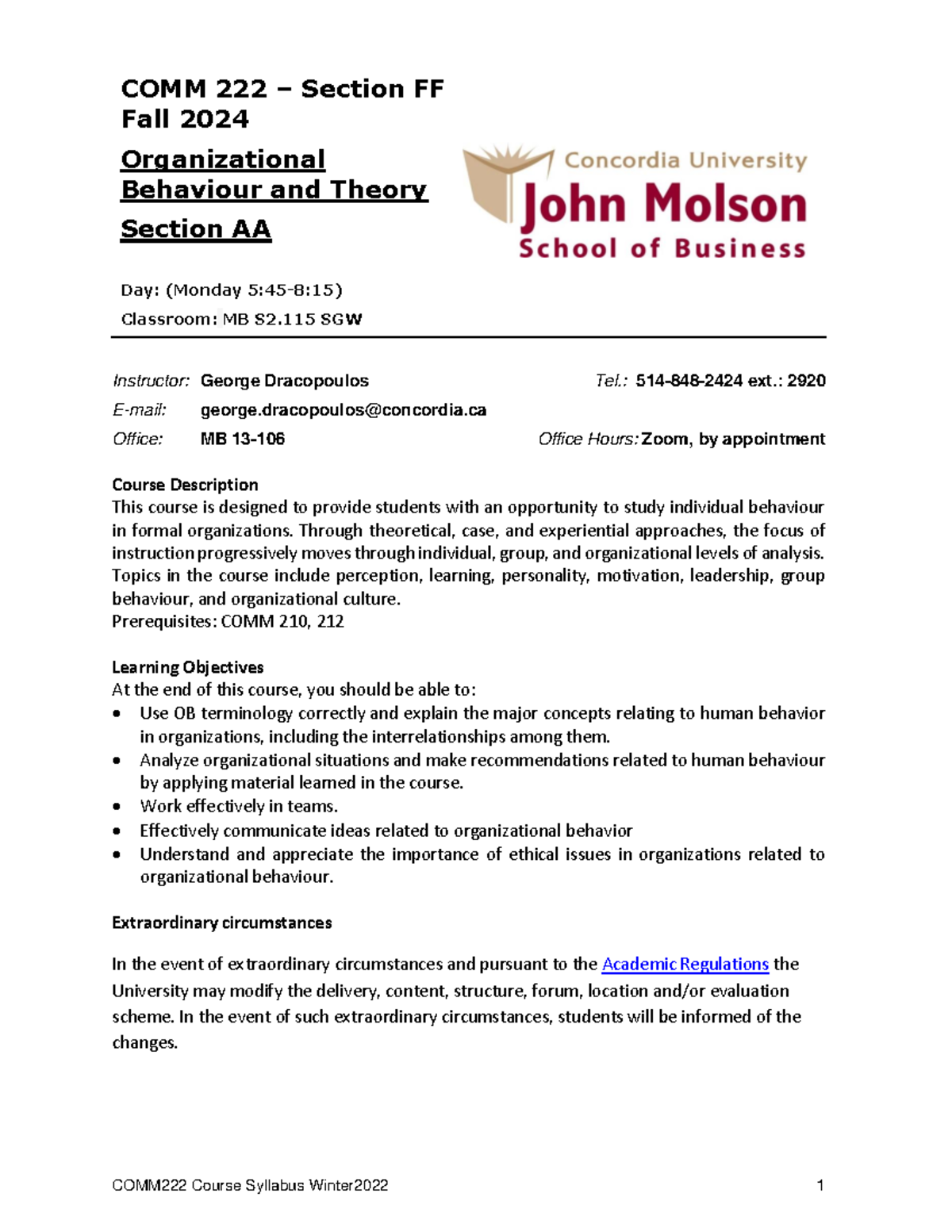 COMM 222 Fall 2024 Course Outline: Organizational Behaviour & Theory ...