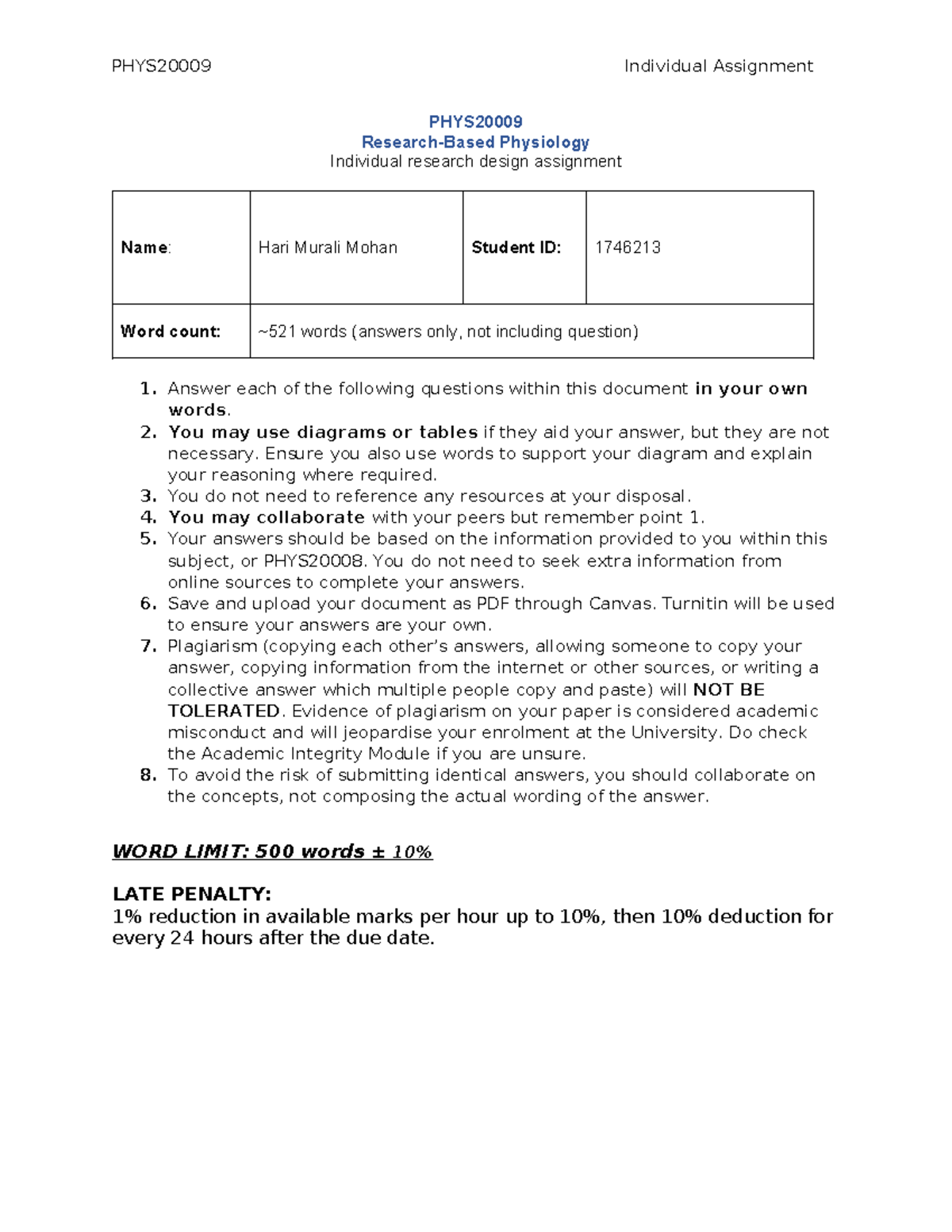 PHYS20009 Individual Research Design Assignment on Heart Rate ...