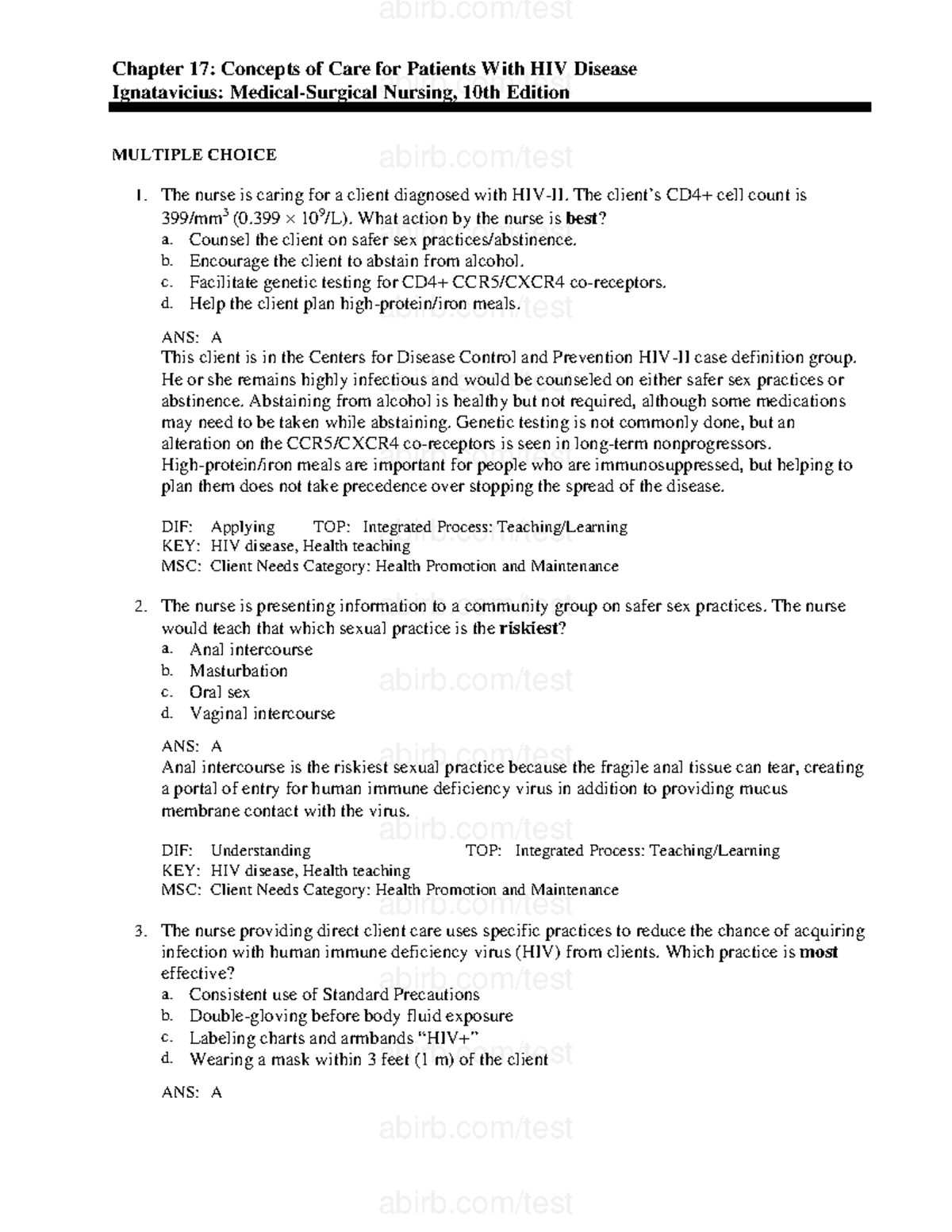 HIV Care Concepts: Test Bank for Med-Surg Nursing (Iggy) - Studocu