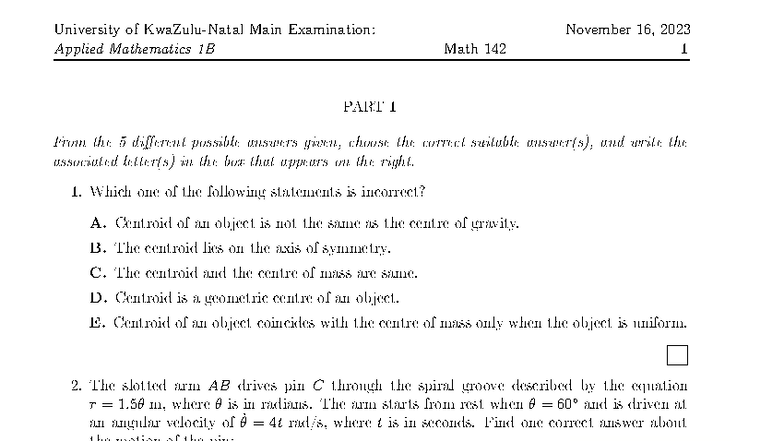 Math 142 Final Exam Preparation: Applied Mathematics 1B - Studocu