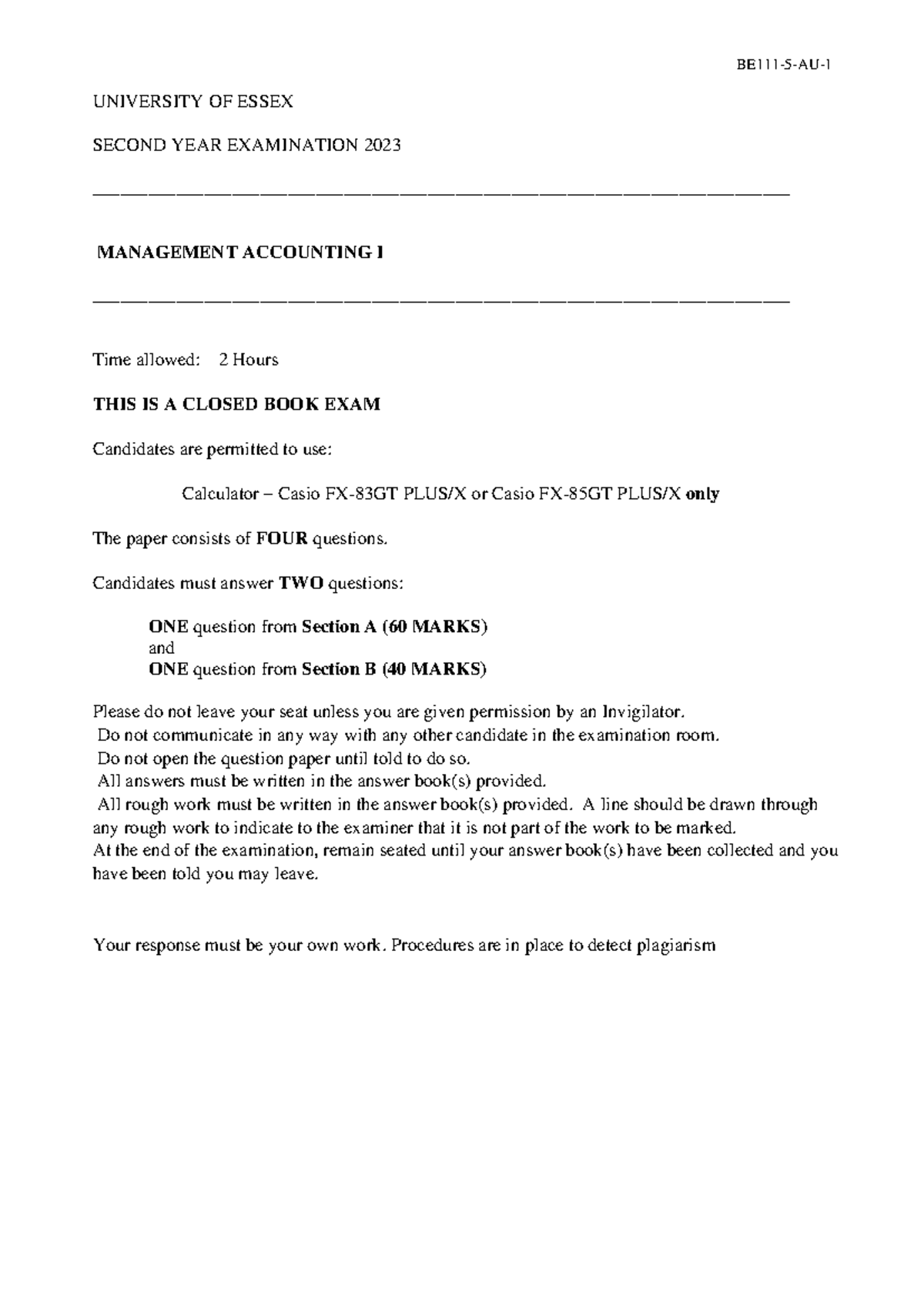 2023BE111-5-AU Management Accounting I Final Exam Guidelines and ...