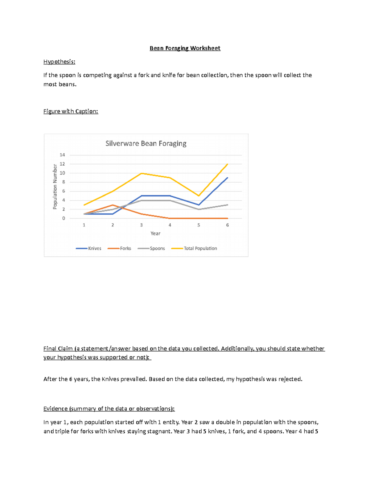 Bean Foraging Worksheet - BIOL 102 - Bean Foraging Worksheet Hypothesis ...