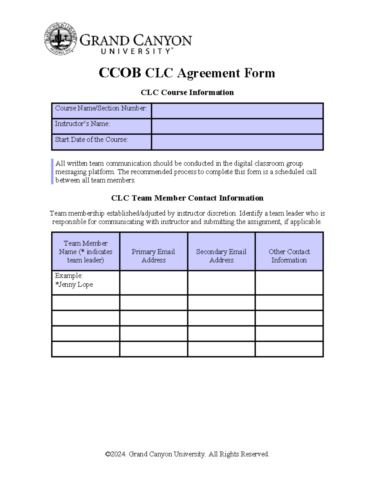 CCOB CLC Team Agreement Form Guidelines & Procedures - Studocu
