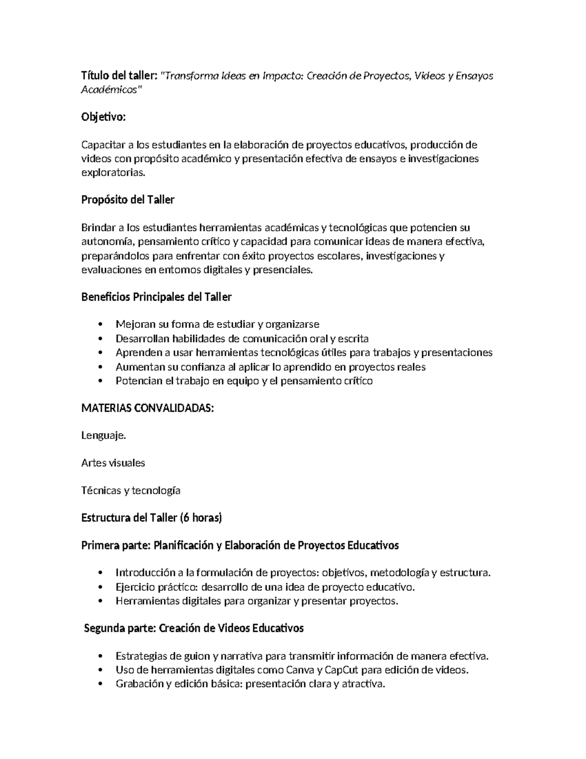 Taller de Creación de Proyectos Académicos y Videos Educativos - Studocu