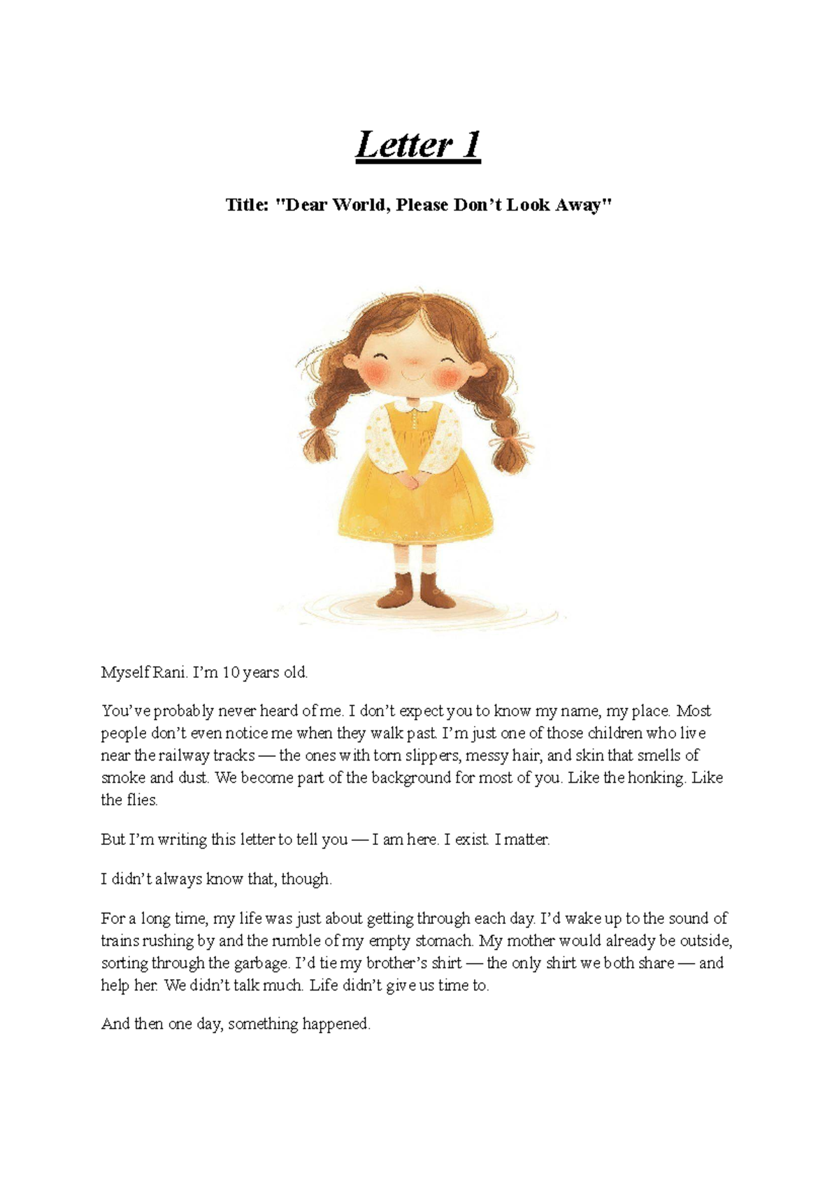 Letter 1: Rani's Journey from Invisible to Inspired Dreamer - Studocu