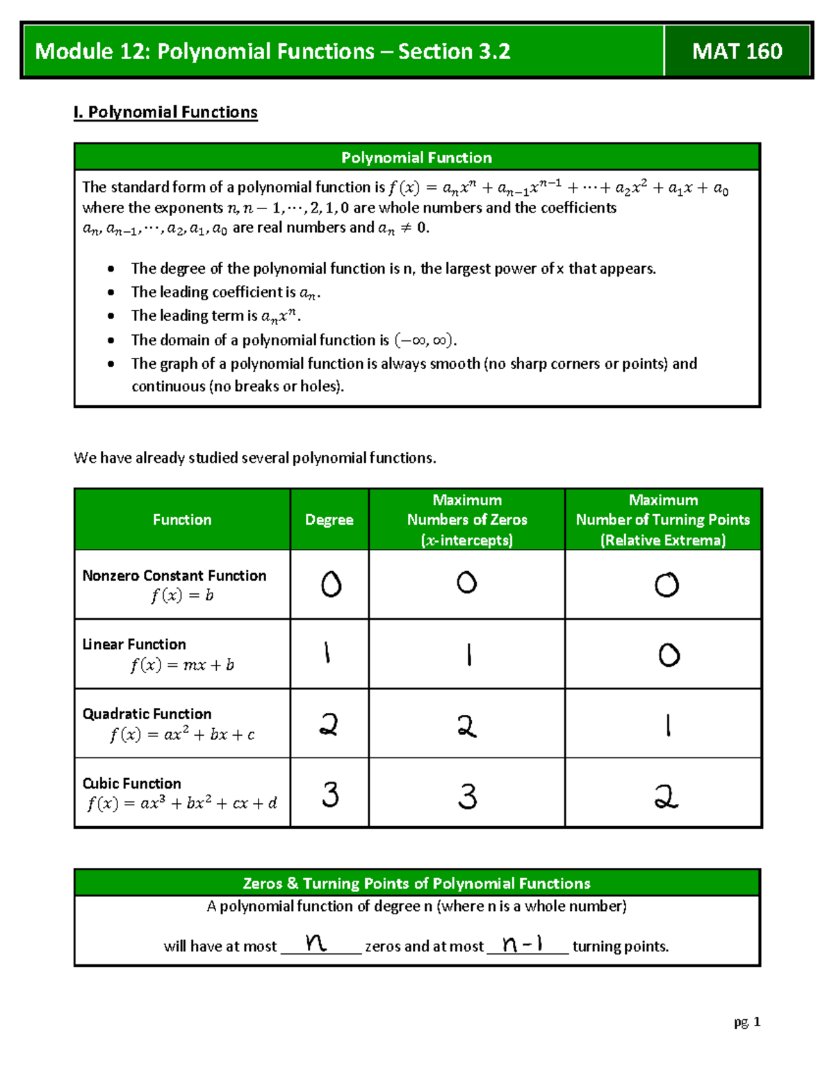 Unit 3 Lecture Notes: Polynomial Functions & Compositions MAT 160 - Studocu